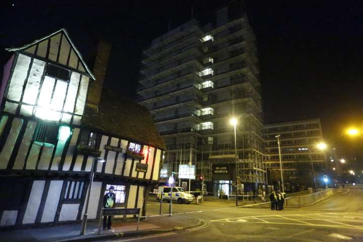 The scene outside Miller House in Maidstone where a man is protesting on the rooftop