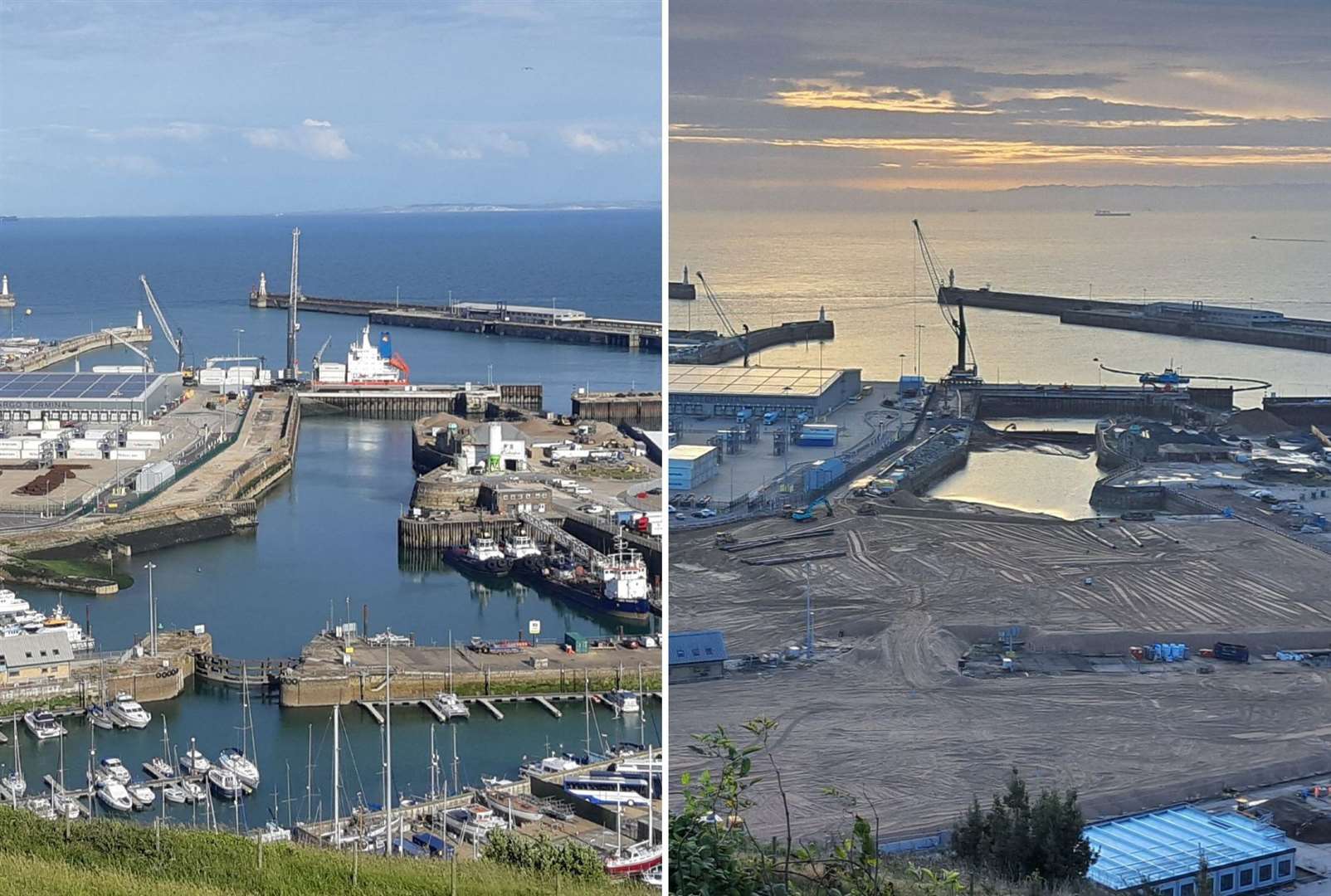 The drastic change to Dover’s Western Docks after the infilling of Granville Dock, as shown in 2022 and 2024