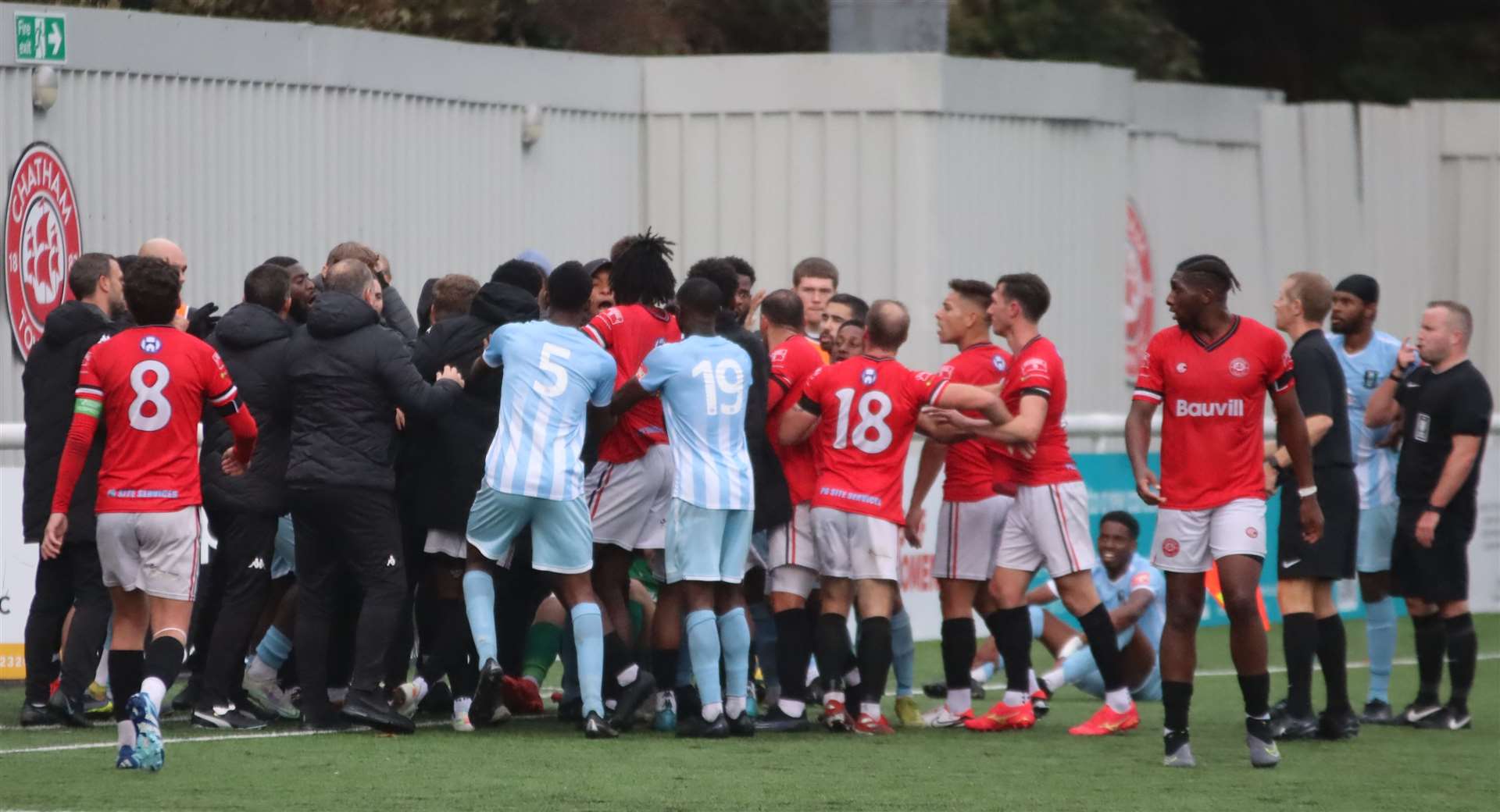 Tempers fray towards the end of the game as Chatham goalkeeper Ben Bridle-Card gets a late red card in their 2-0 FA Trophy defeat to lower-division Cray Valley on Saturday. Picture: Max English @max_ePhotos