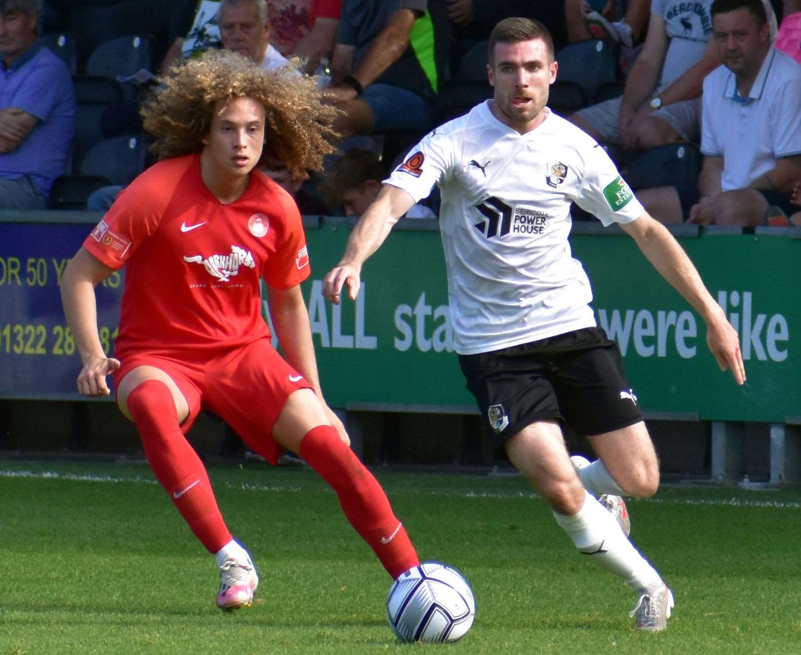 Danny Leonard is closed down by Jarred Trespaderne as Dartford take on Hythe in the FA Cup second qualifying round this season. Picture: Randolph File (52237733)