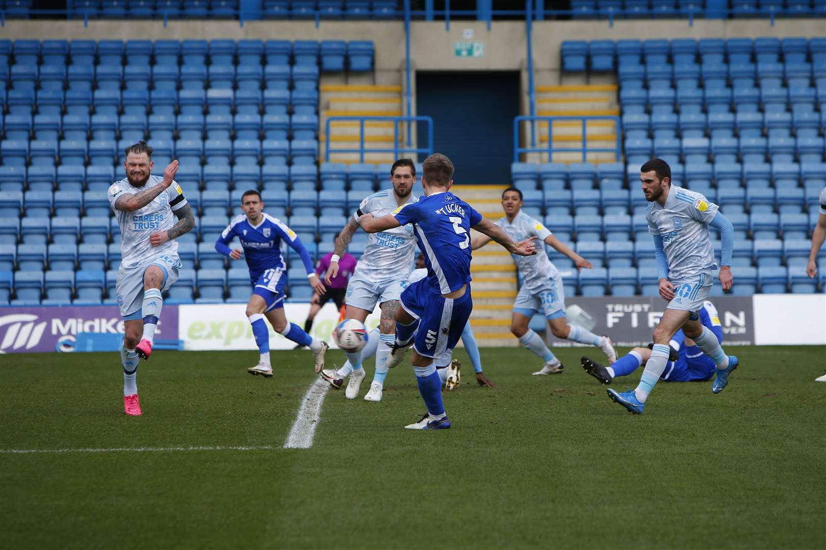 Gillingham defender Jack Tucker opens the scoring Picture: Andy Jones