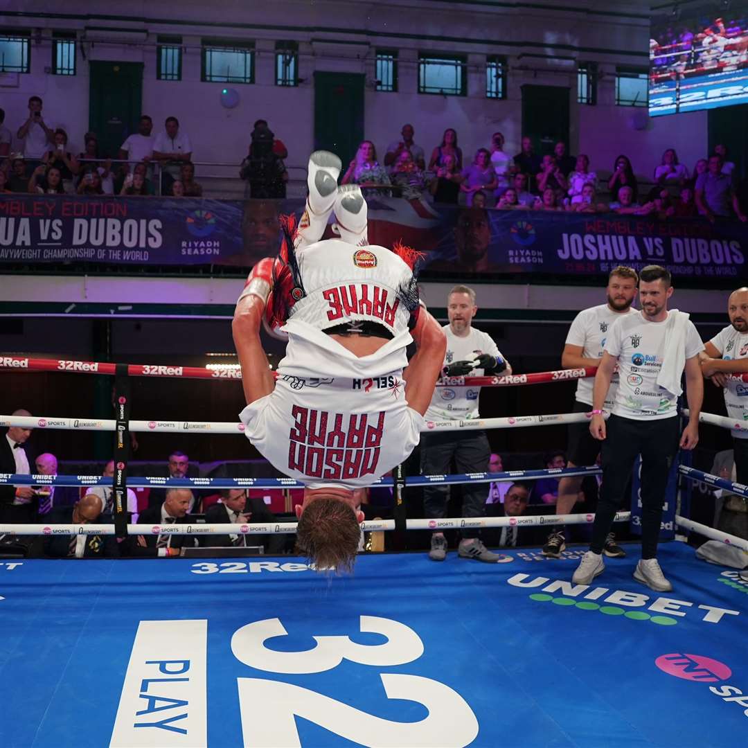 Celebratory backflip for Maidstone boxer Mason Payne after beating John Mosquera on his pro debut. Picture: Stephen Dunkley / Queensberry Promotions