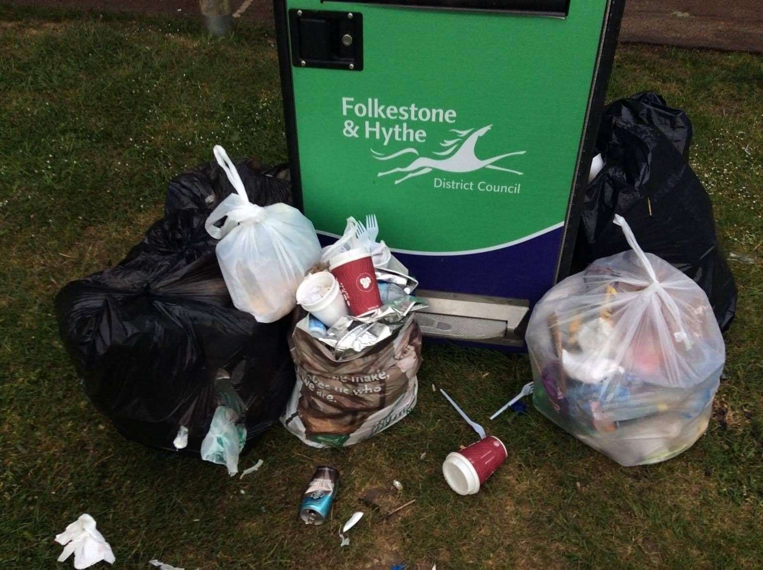 Despite being emptied three times a day, bins were still overflowing at the weekend. Picture supplied by Cllr Prater