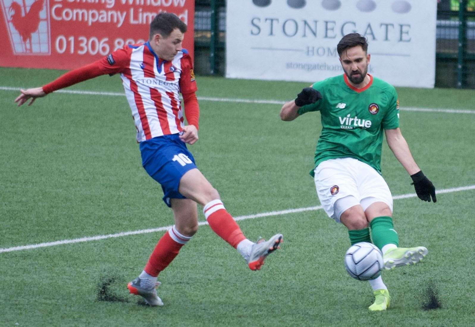 Fleet's Sefa Kahraman picked up an early red card at Dorking on Saturday. Picture: Ed Miller/EUFC (54433038)