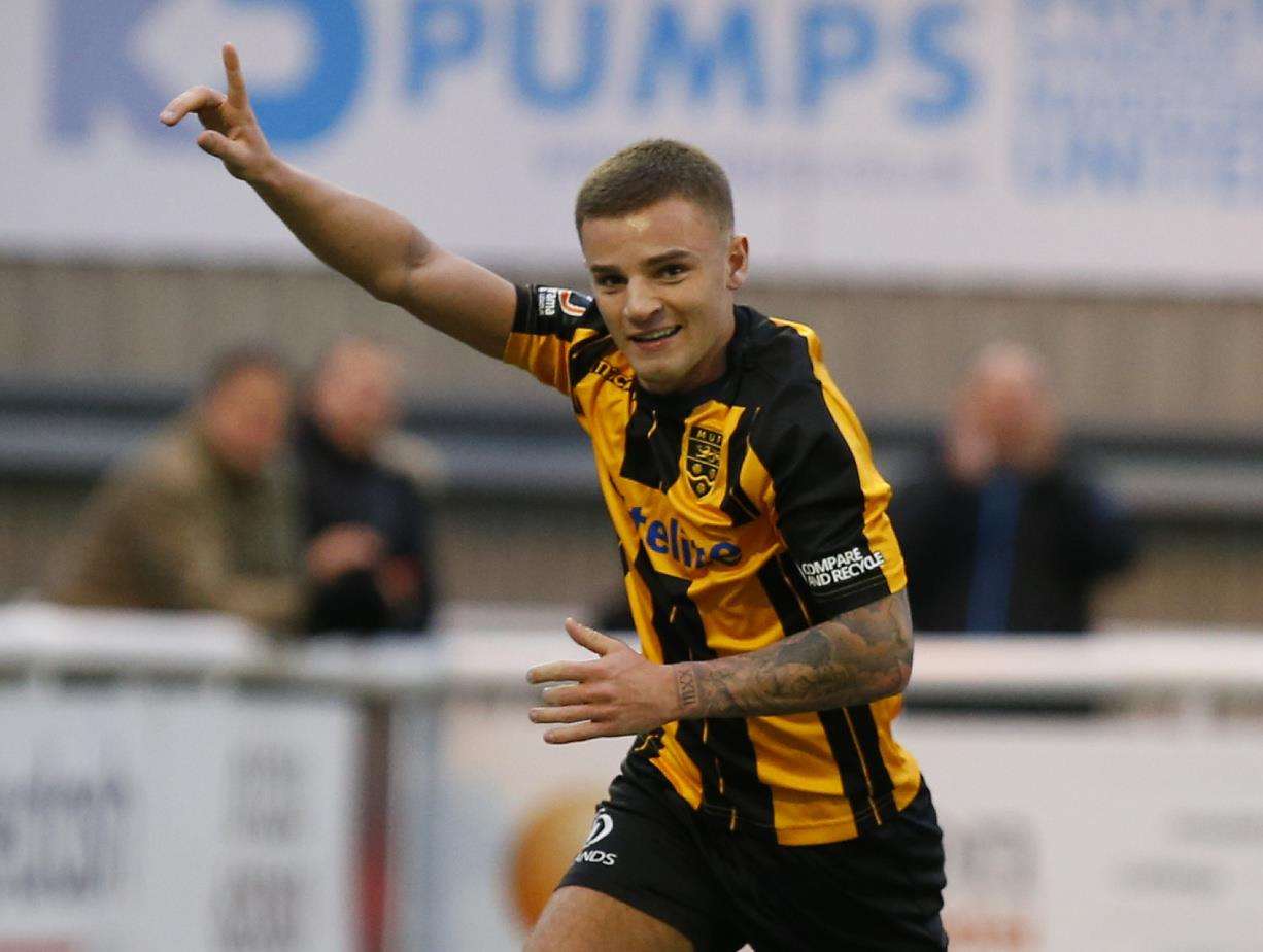 Jack Richards celebrates scoring Maidstone's winner against Oxford Picture: Andy Jones