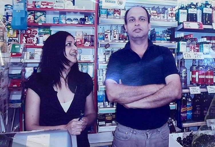 Kosh and Uri pictured behind the counter of their shop about 12 years ago. Picture: Kosh Patel