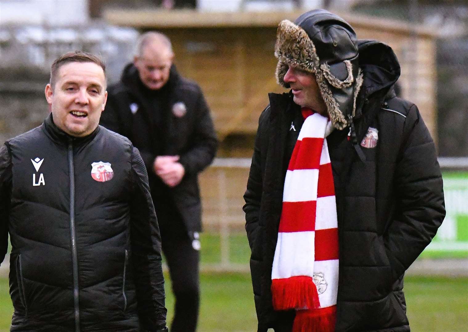 Sheppey United boss Ernie Batten, right, in conversation with general manager and kit man Lee Allen ahead of last weekend’s 3-1 Isthmian South East loss at Deal. Picture: Marc Richards