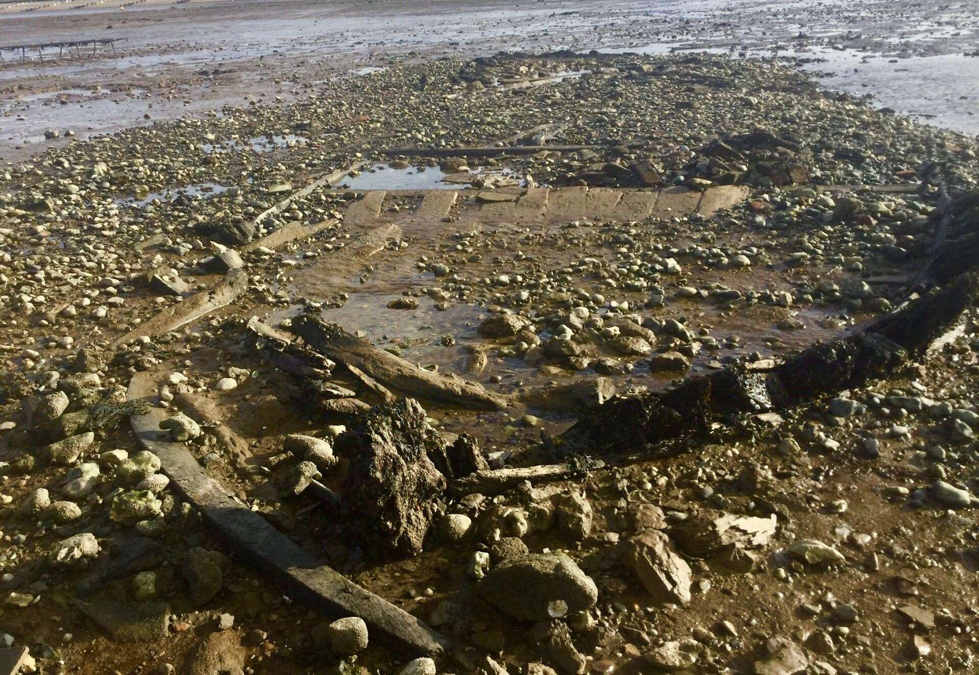 Wreck of the early 18th century merchant ship the Old Brig at Seasalter in north Kent (Timescapes Kent)