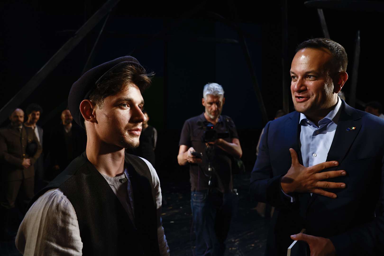 Taoiseach Leo Varadkar chats to actor Oleksandr Hrekov (PA/Clodagh Kilcoyne)