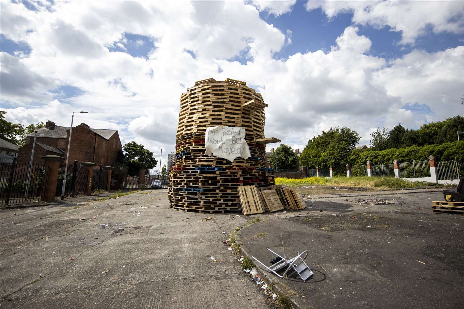 A controversial loyalist bonfire built at the interface in north Belfast dividing loyalist Tiger’s Bay and nationalist New Lodge (Liam McBurney/PA)