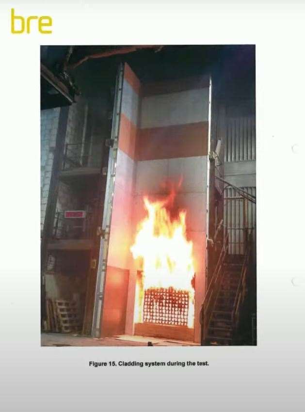 Screen grab from the Grenfell Inquiry showing a cladding fire test rig carried out in May 2014 at the Building Research Establishment by insulation maker Celotex (Grenfell Inquiry/PA)