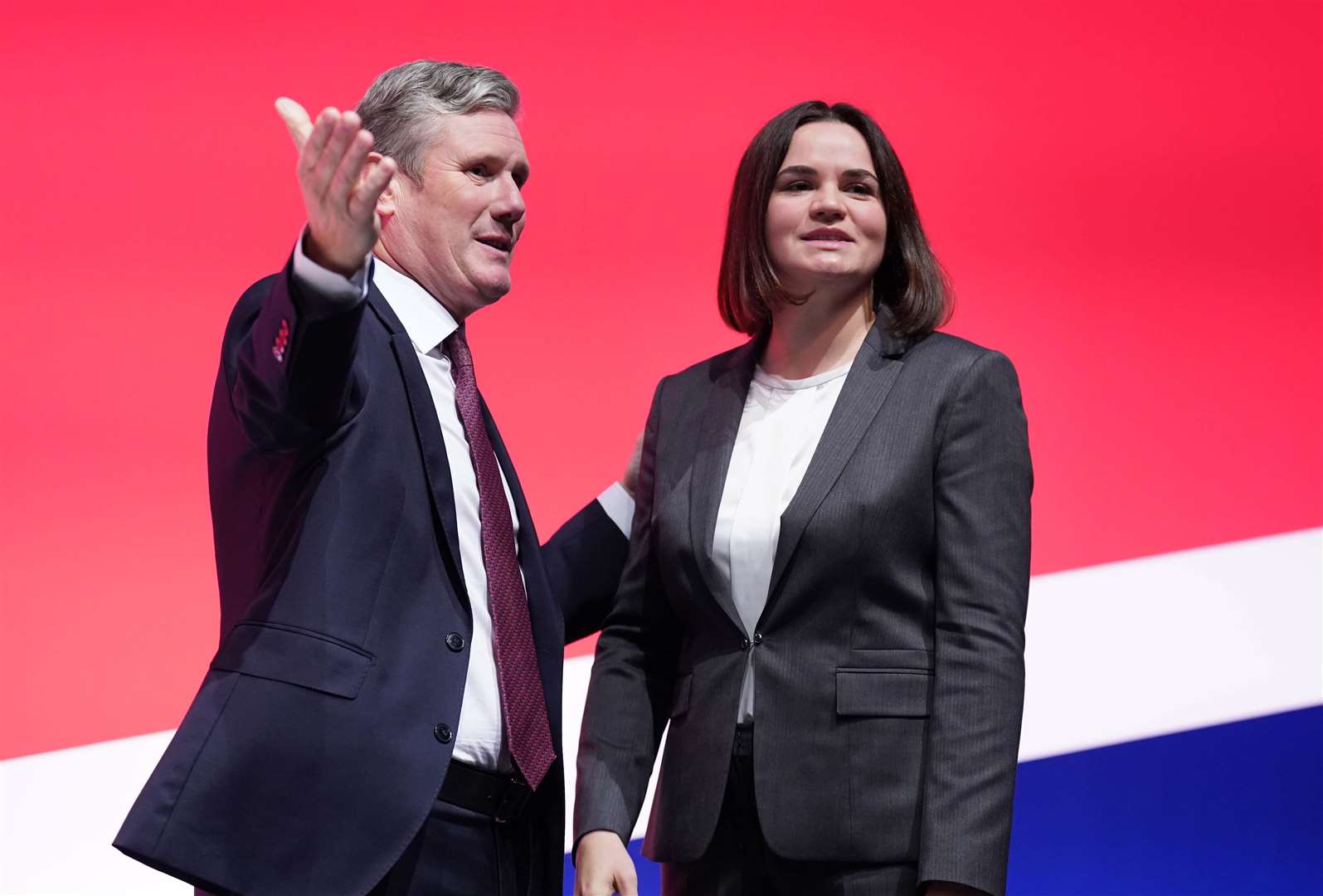 Labour Party leader Sir Keir Starmer congratulates Belarus opposition leader Sviatlana Tsikhanouskaya after her speech during the Labour Party Conference (Stefan Rousseau/PA)