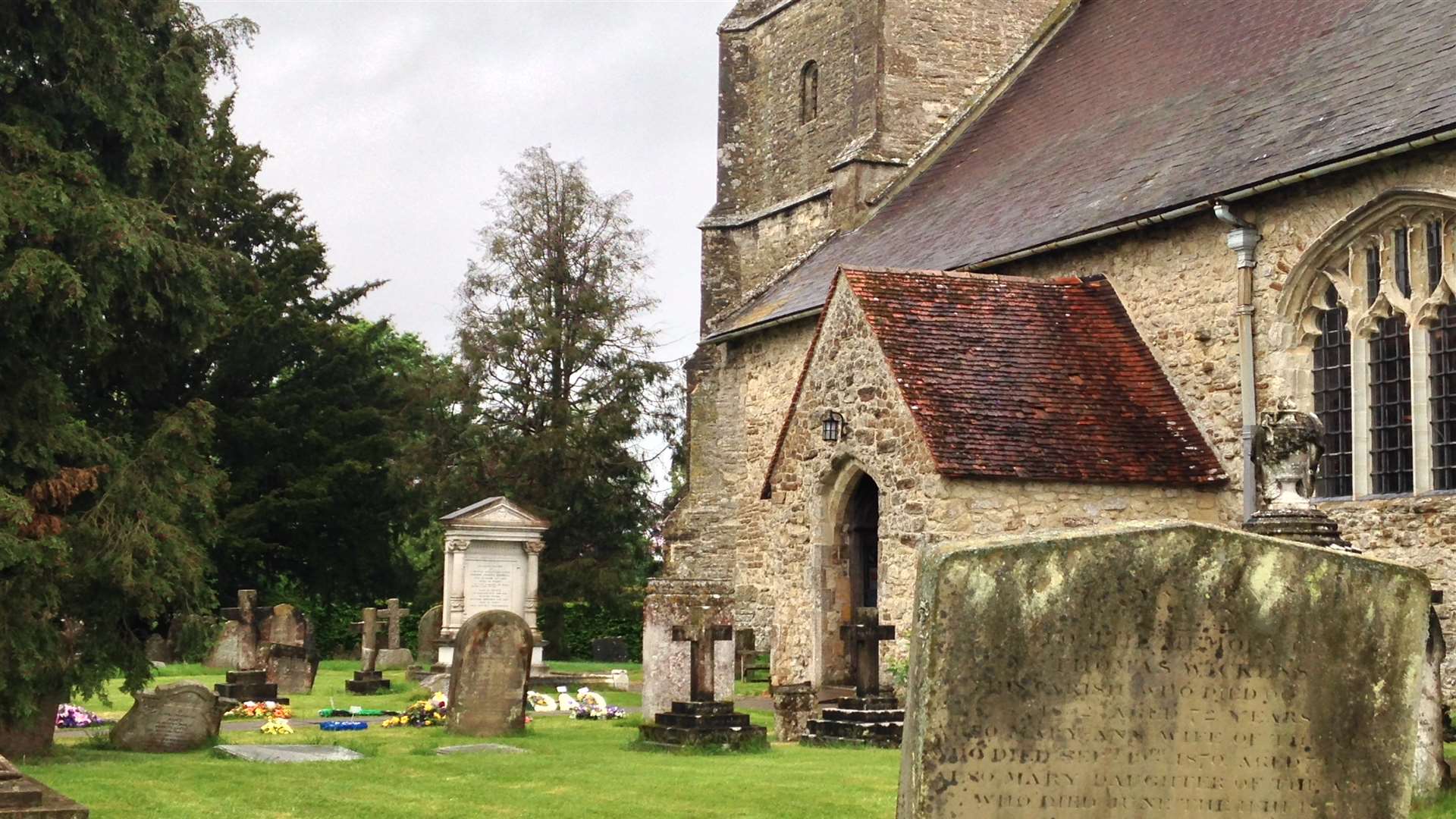 Flowers lined the approach to the church