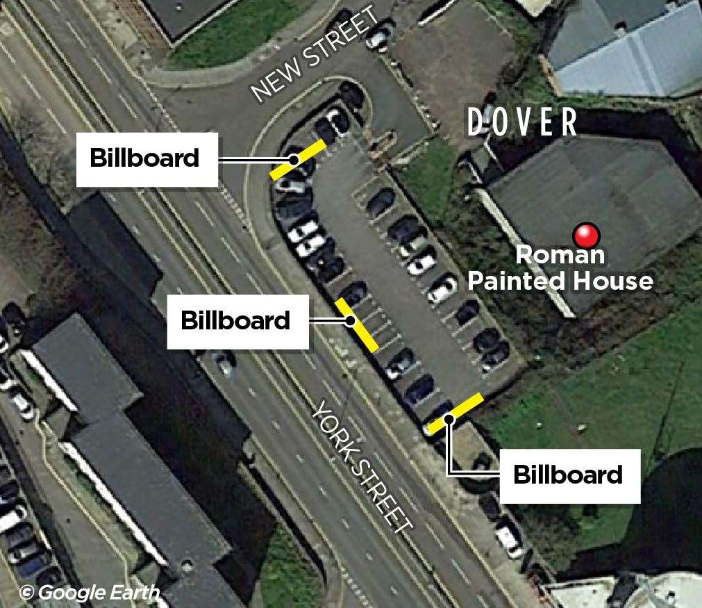 If approved, the three new billboards would sit in front of the Roman Painted House museum in Dover