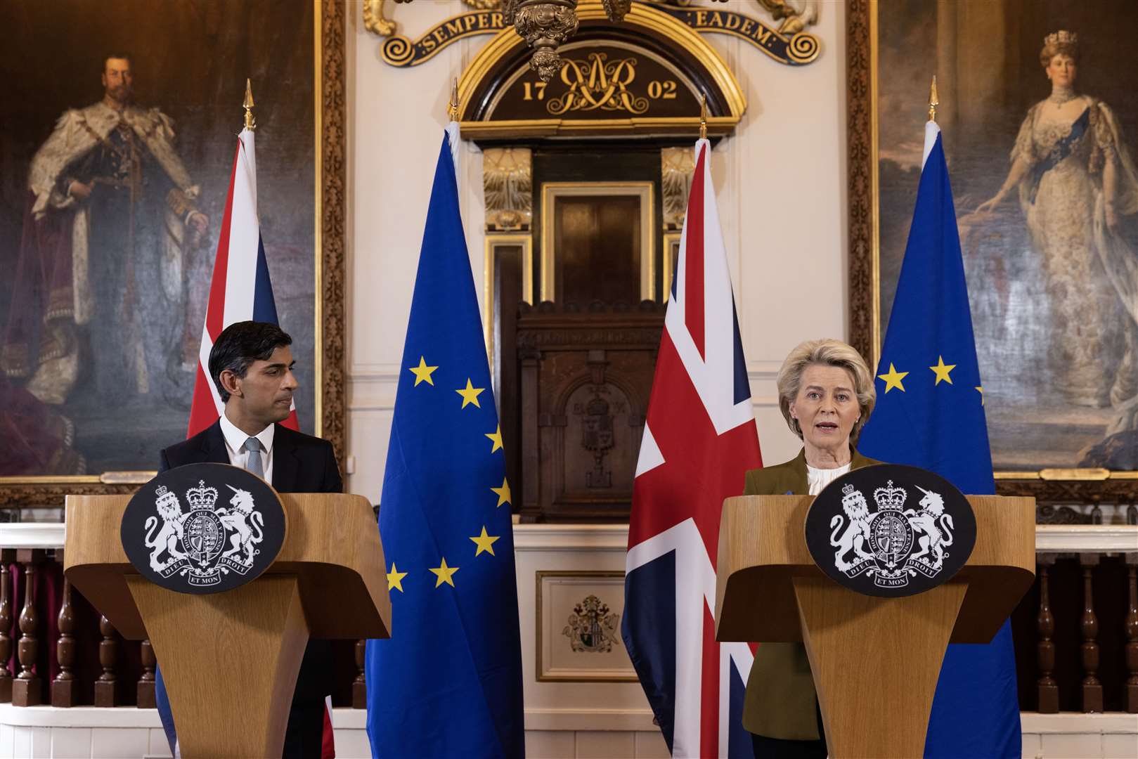 Prime Minister Rishi Sunak and European Commission president Ursula von der Leyen during a press conference at the Guildhall in Windsor following the announcement that they had struck a deal over the Northern Ireland Protocol (Dan Kitwood/PA)