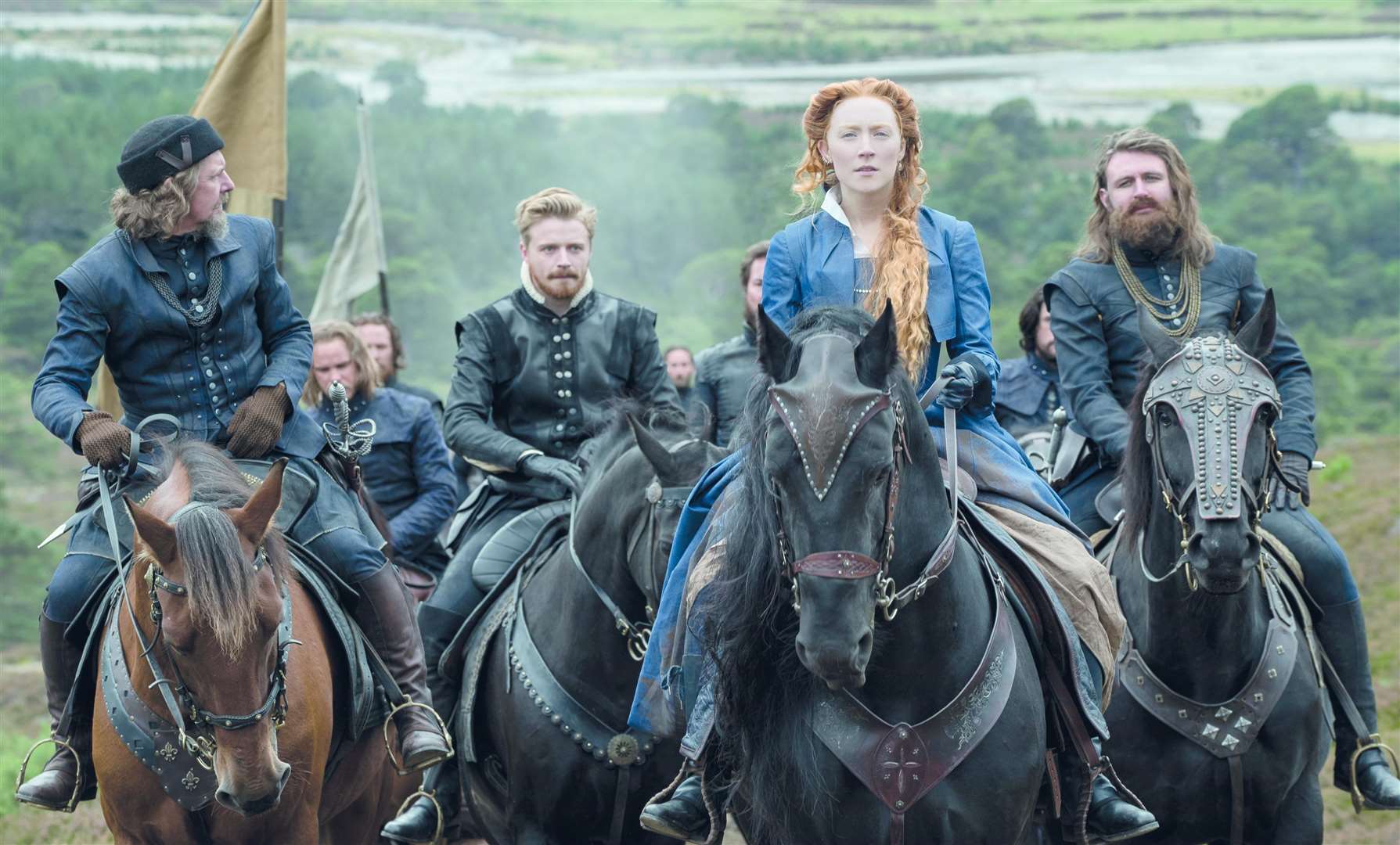 Jack Lowden as Lord Darnley, Saoirse Ronan as Mary Stuart and James McArdle as Earl of Moray in Mary Queen of Scots, filmed in part at Penshurst Place Picture: Liam Daniel/Focus Features