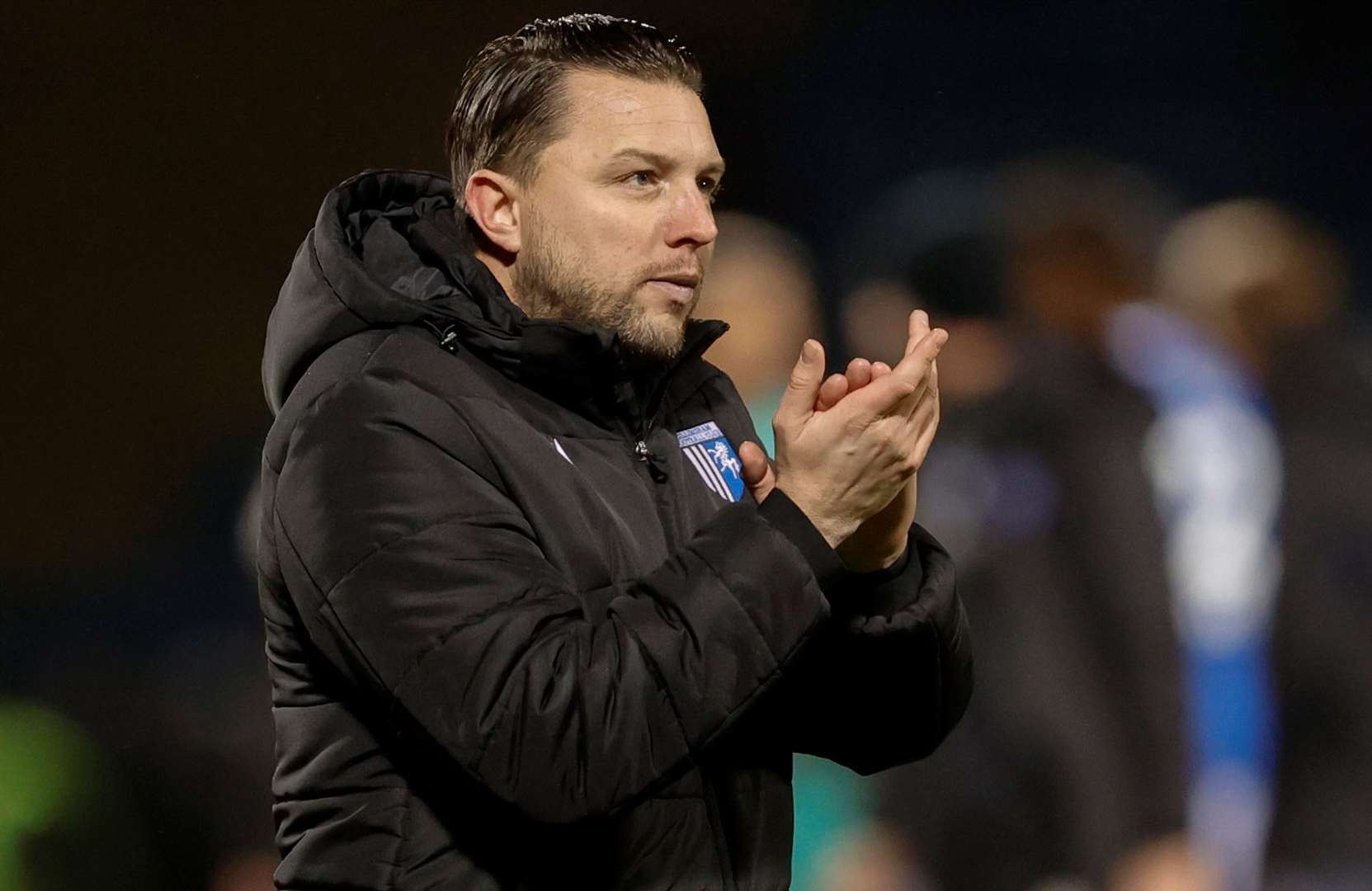 Mark Bonner applauds the Gillingham fans at the final whistle after beating Salford Picture: @Julian_KPI