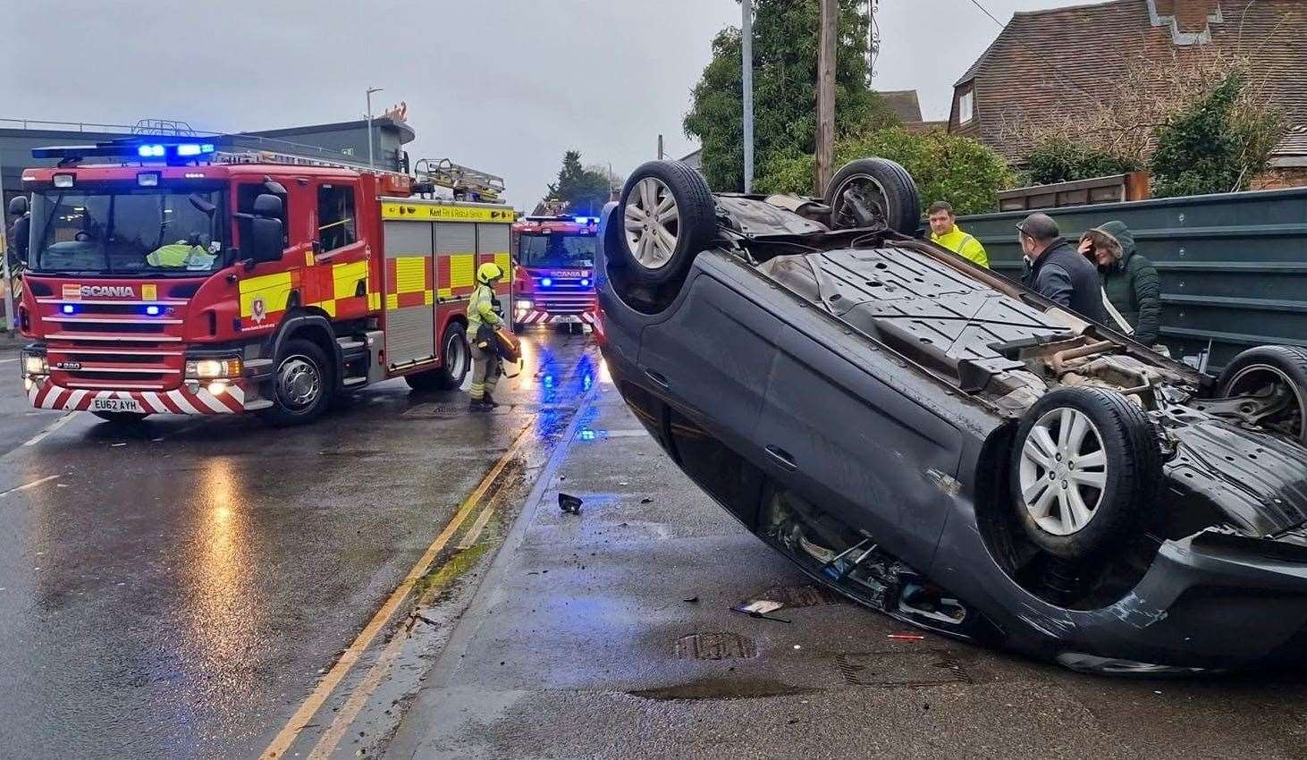 A car has flipped onto its roof in Station Road, Staplehurst, outside Sainsbury's. Picture: Mark at Photo Team