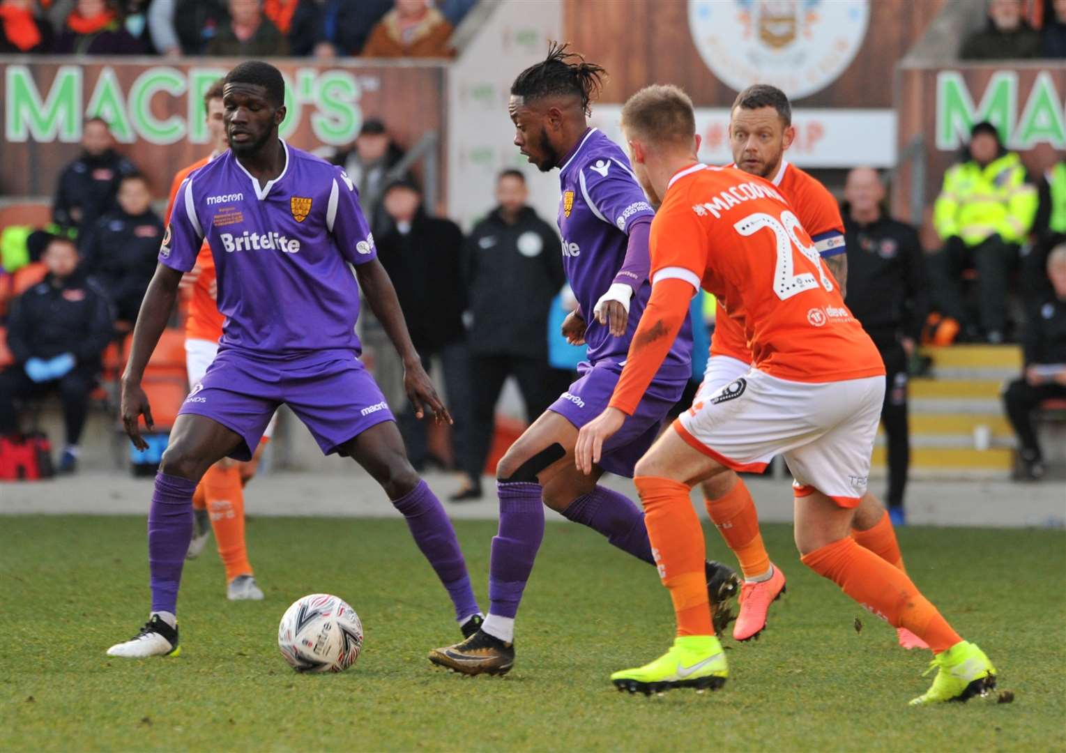 Iffy Allen in possession for Maidstone at Blackpool in the FA Cup Picture: Steve Terrell