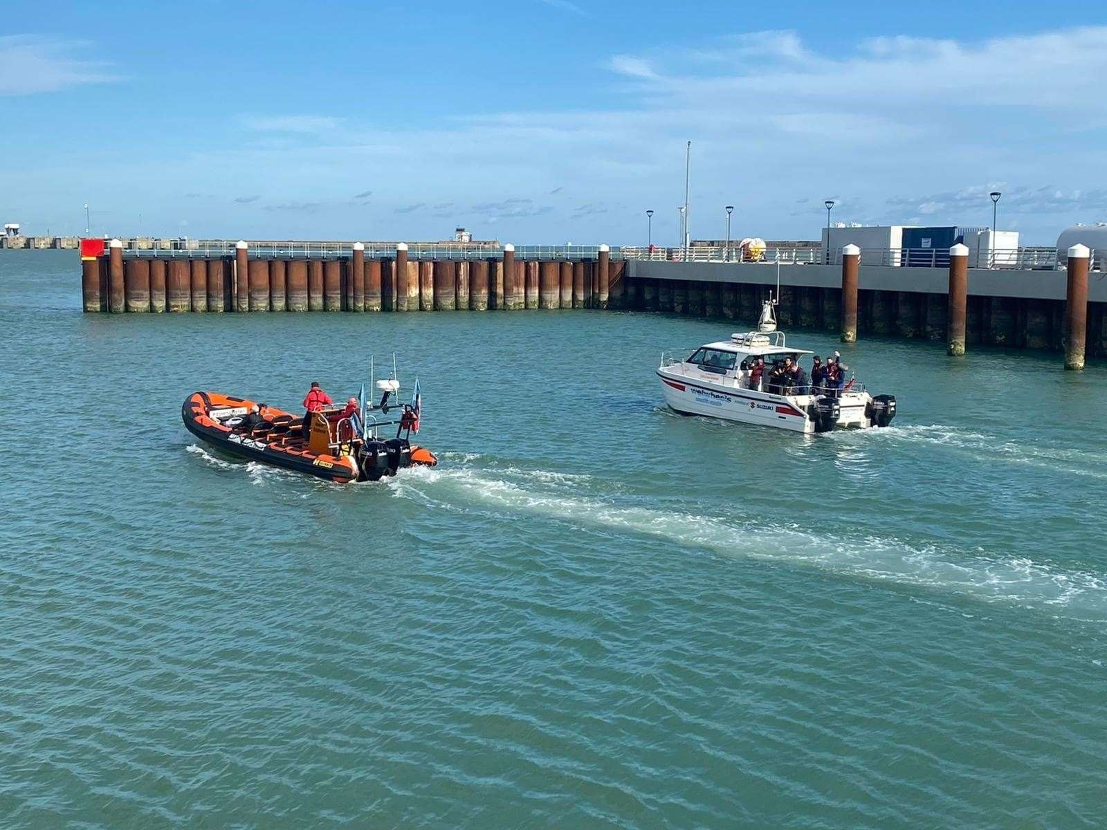 Paul O'Grady aboard the Dover Sea Safari vessel Dover Explorer accompanied by the disability friendly Wet Wheels catamaran leaving Dover's pleasure harbour for the mouth of the River Stour (42638701)