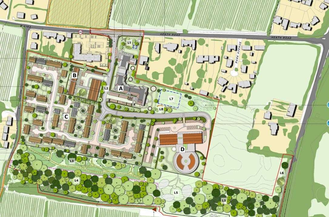 The site masterplan - location A is the care home, B is supportive living, C is retirement bungalows, and D is the hospice. Picture: DHA Planning