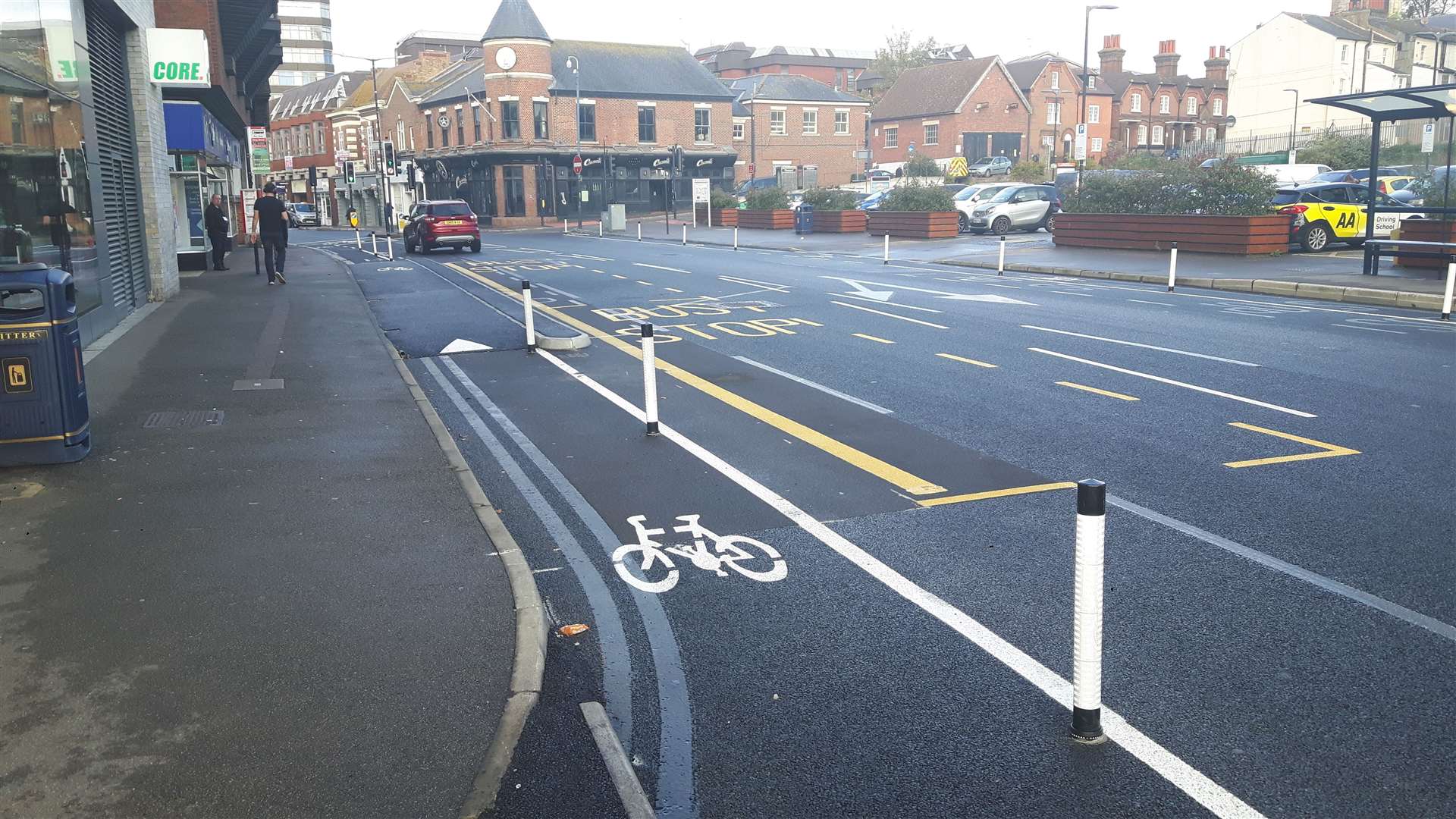 A pop up cycle lane in King Street Maidstone which appeared as part of an earlier KCC scheme