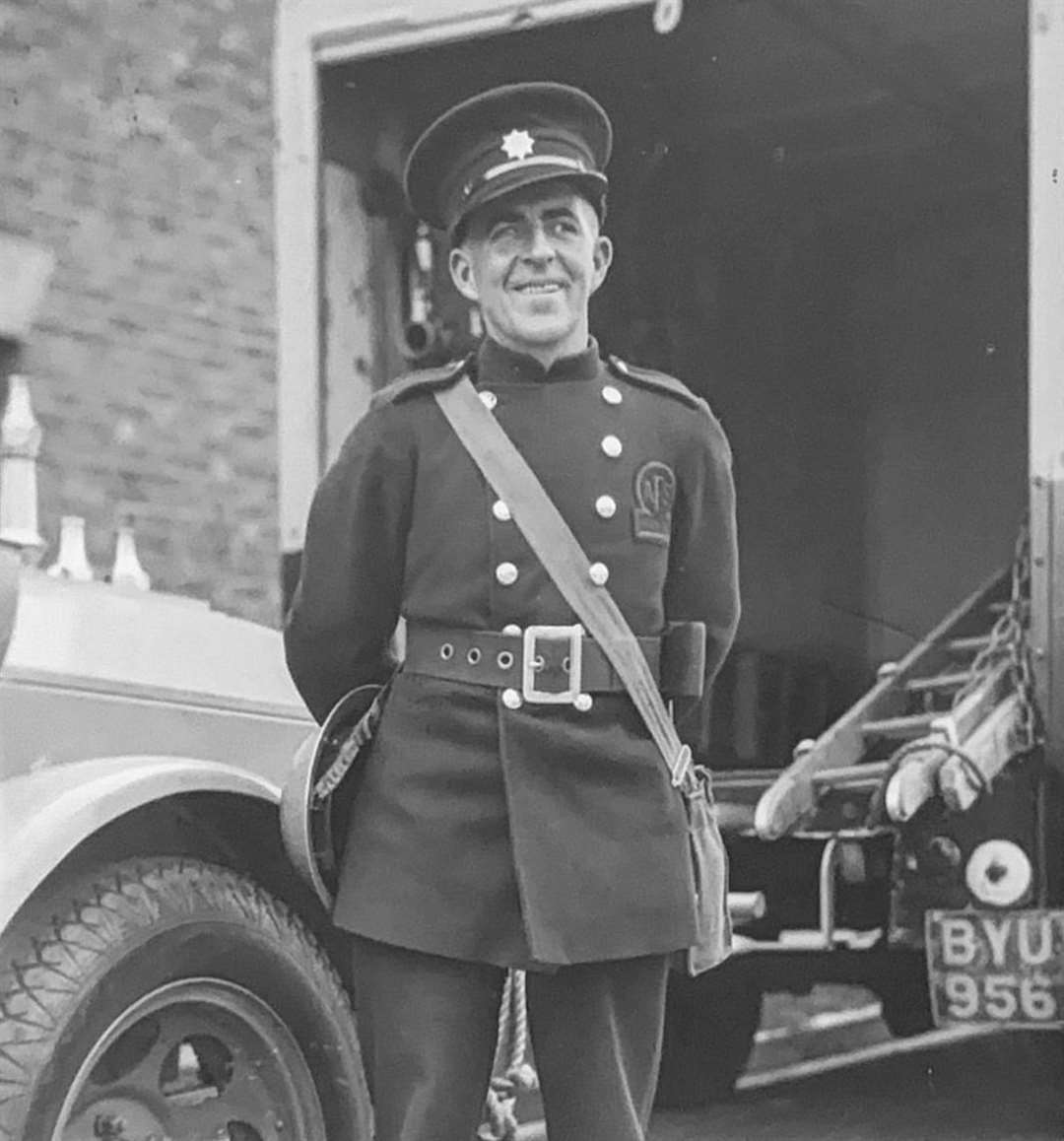 Thirties and wartime firefighter Albert Scrivens at Herne Bay Fire Station. Picture courtesy of Kent Fire and Rescue Service