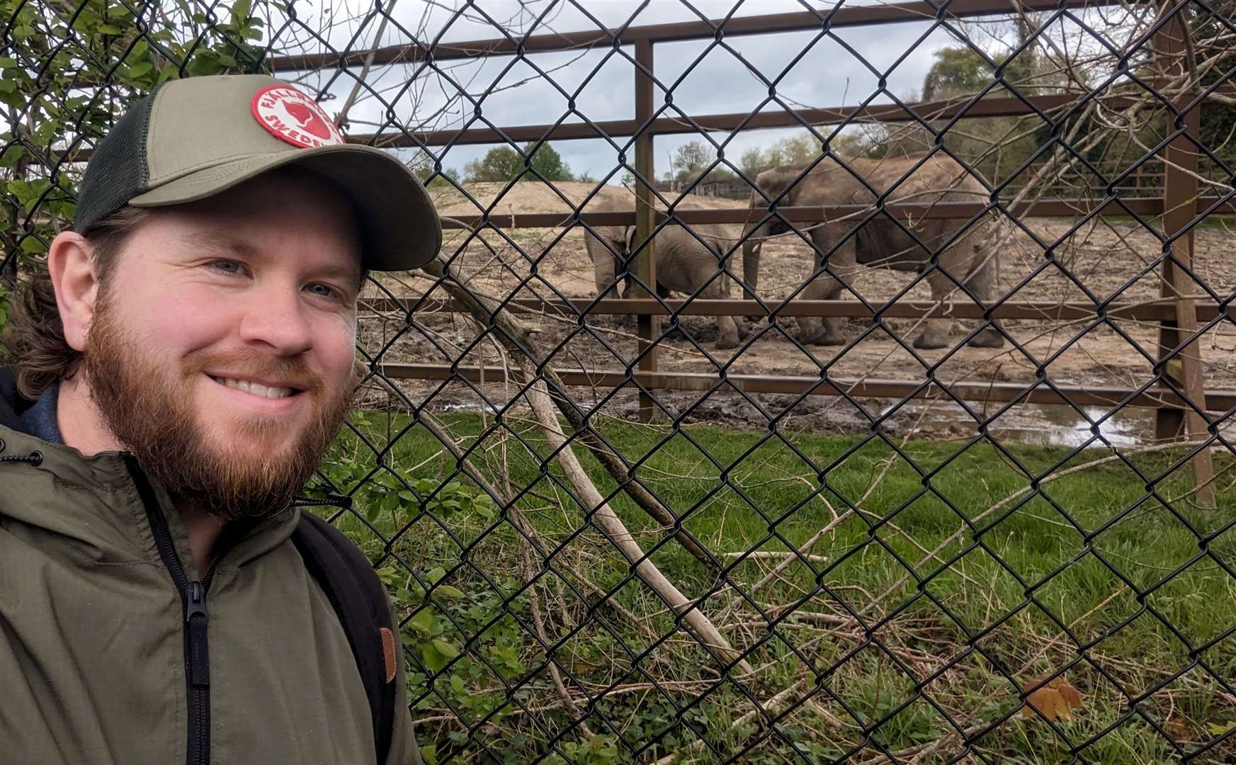 Reporter Rhys Griffiths enjoying the chance to get within metres of the elephants at Howletts