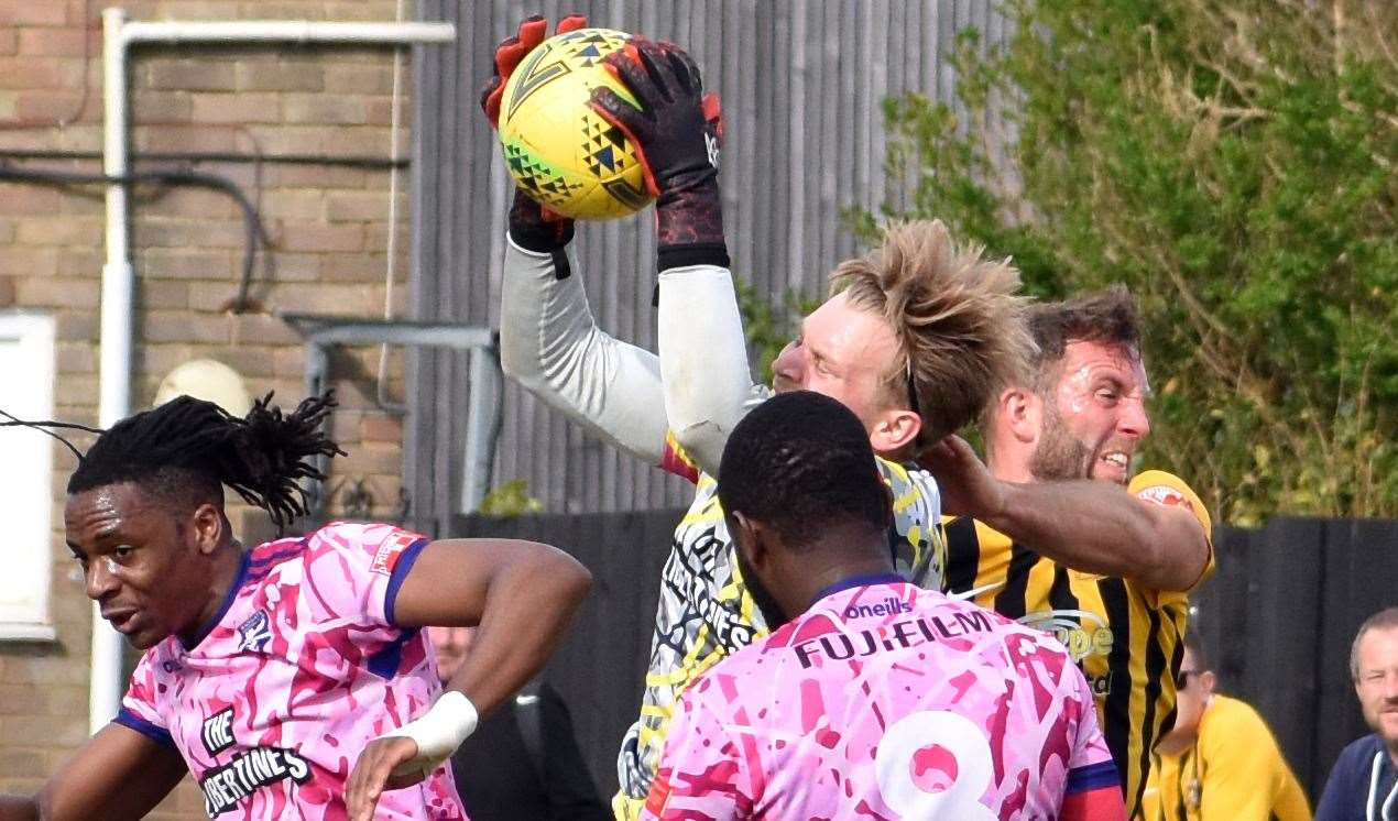 Keeper Ben Bridle-Card, pictured in action for Margate against Folkestone last season, impressed as Chatham drew at Sittingbourne. Picture: Randolph File