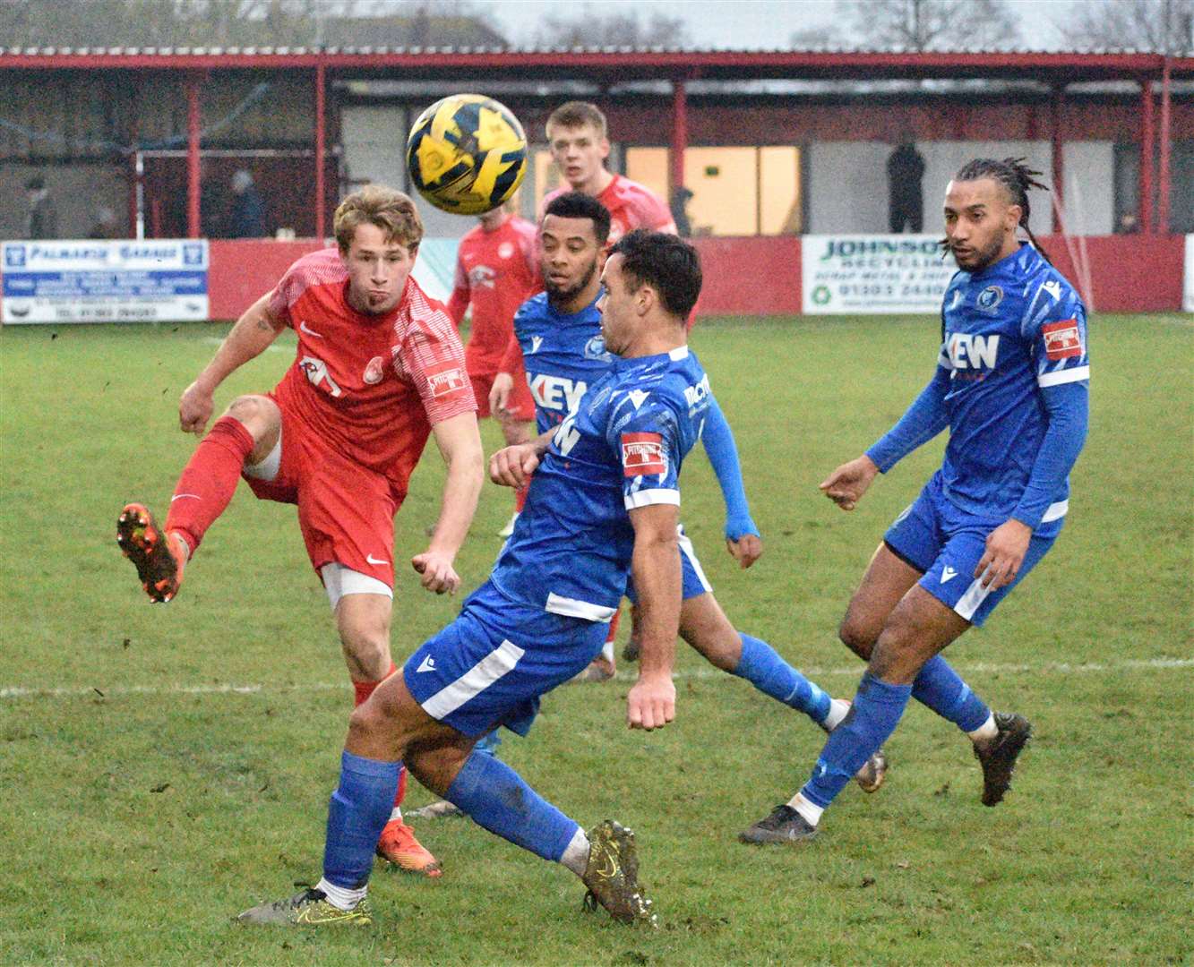 Hythe, red, got the better of Broadbridge Heath last weekend to move into the Isthmian South East top six Picture: Randolph File