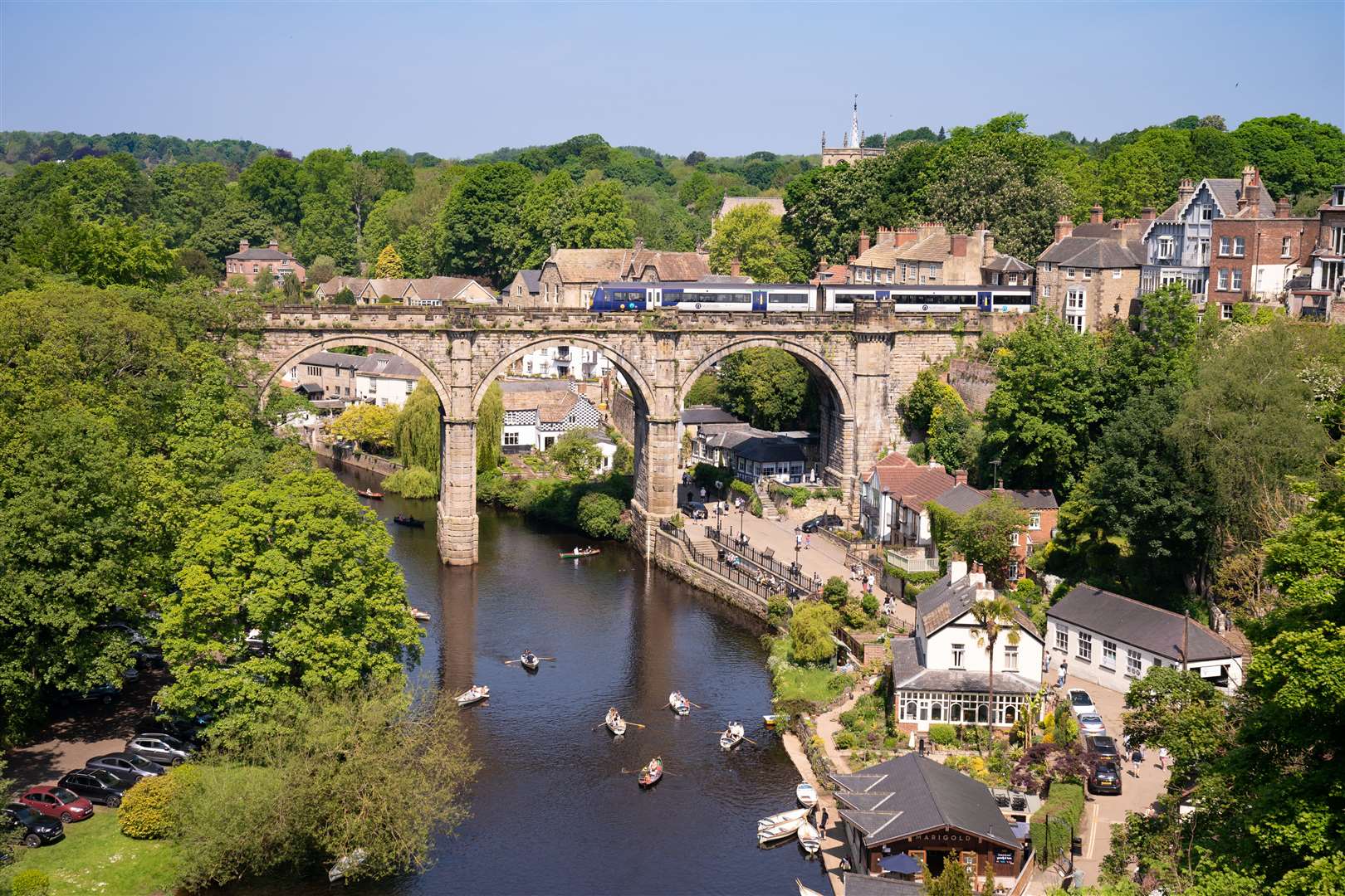 Rowing underneath the Knaresborough Viaduct on the River Nidd in North Yorkshire (Danny Lawson/PA)