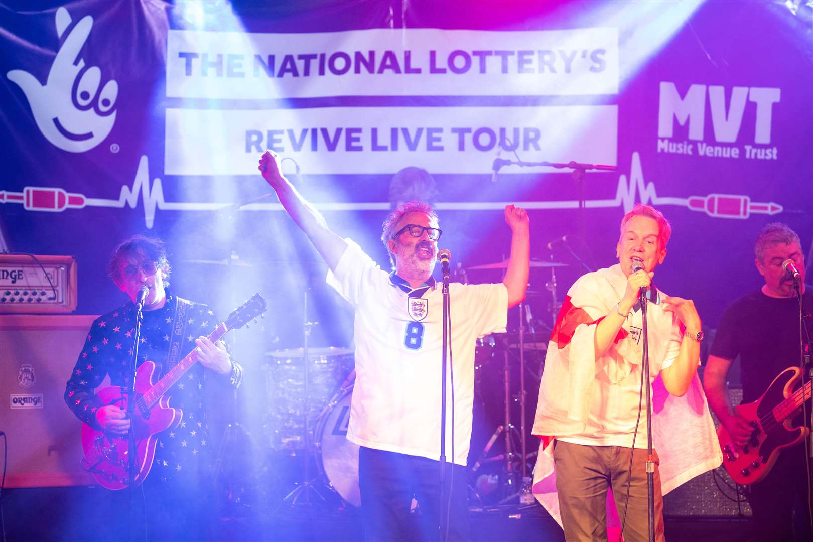 David Baddiel, Frank Skinner and The Lightning Seeds perform their song Three Lions ahead of the Euro 2020 final (David Parry/PA)