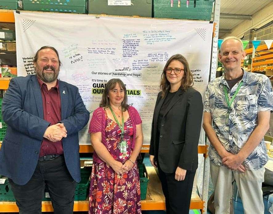 Pictured at the event from left: Medway Council leader Vince Maple, Medway Foodbank Project Manager Ruth Lindsay, Rochester and Strood MP Lauren Edwards, Medway Foodbank Campaigns Manager, Mike Evans