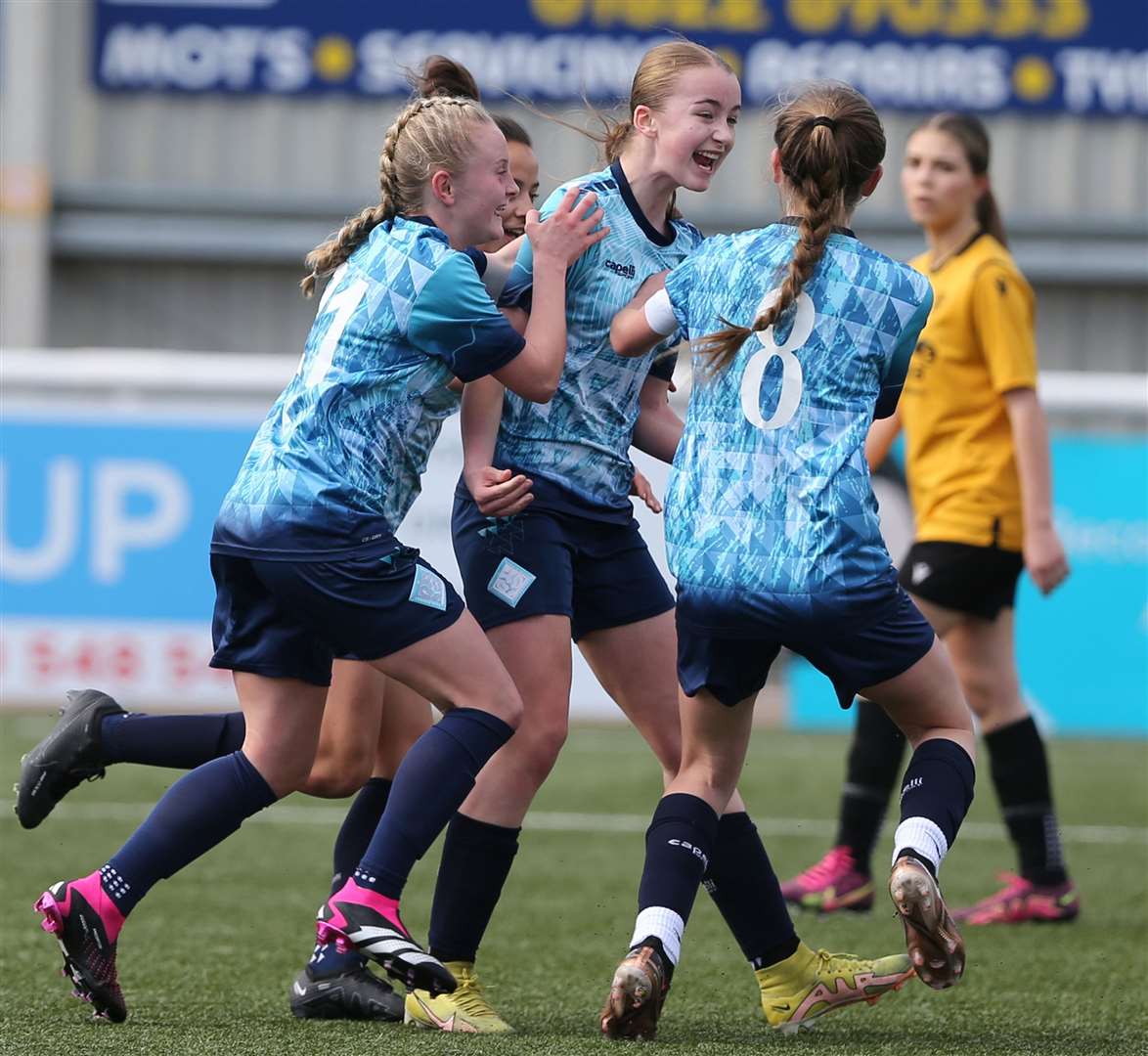 Striker Lucy Hope is congratulated by her team-mates after opening the scoring for London City Lionesses under-14s. Picture: PSP Images