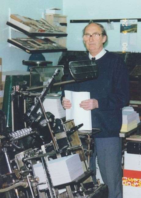 Founder of Singlewell Stationery and Print, John Jones running the letterpress machine some time around 1990.