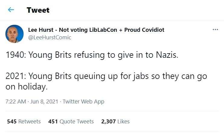 Lee Hurst's latest tweet comparing today's young people with those went to fight in the Second World War. Picture: Twitter