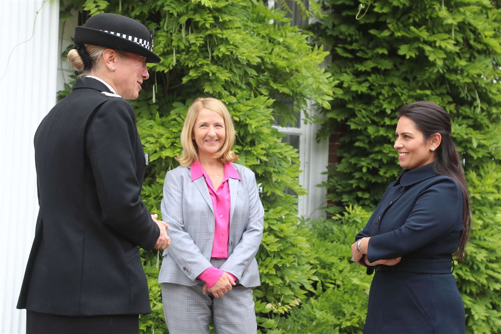 Home Secretary Priti Patel (right) meets Chief Constable of Sussex Police Jo Shiner (left) and PCC Katy Bourne (Gareth Fuller/PA)