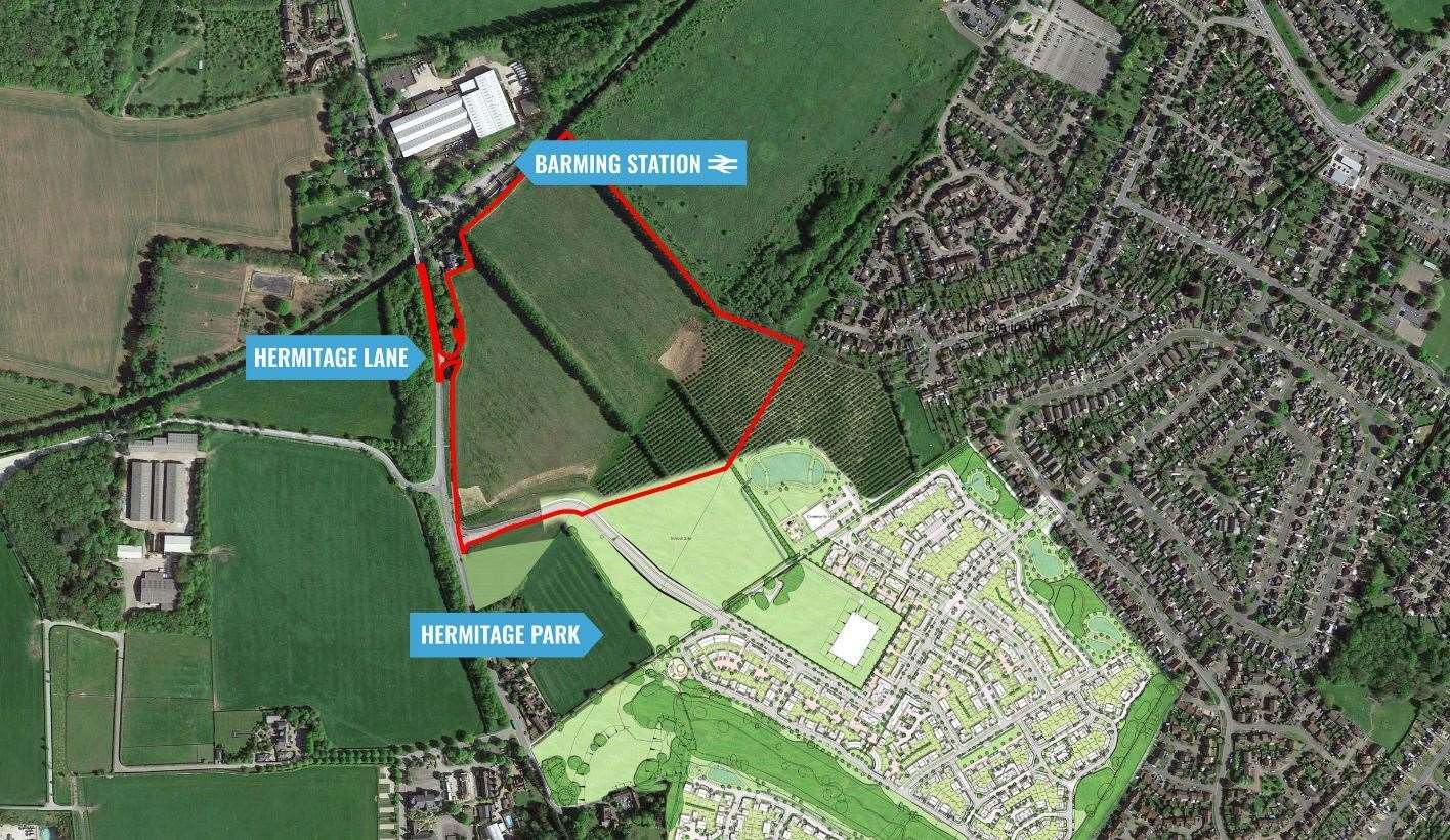 The new Croudace site off Hermitage Lane is outlined in red