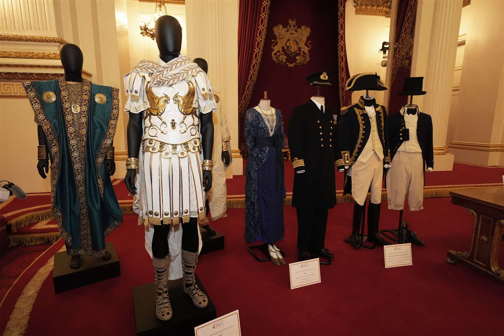 Costumes and items from films on display during a reception to mark the centenary of the Film and TV charity, at Buckingham Palace, London (Aaron Chown/PA)