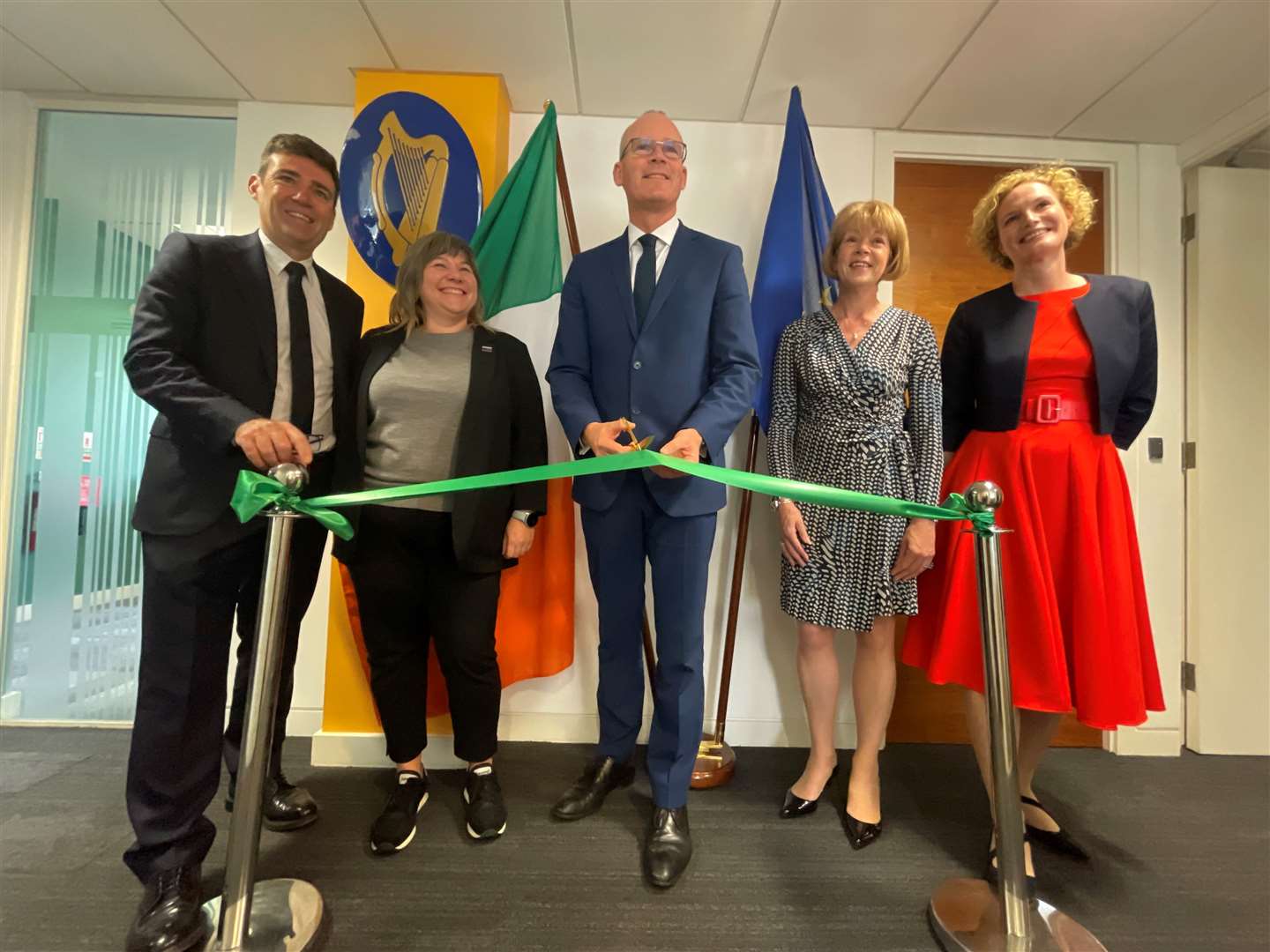 (left to right) Mayor of Greater Manchester Andy Burnham, Stockport Council leader Elise Wilson, Foreign Affairs Minister Simon Coveney, Wendy Morton MP, and Consul General Sarah Mangan in Manchester at the official opening of the Consulate General of Ireland for the North of England (Peter Byrne/PA)