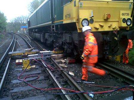 A derailed freight train in Robertsbridge, East Sussex.