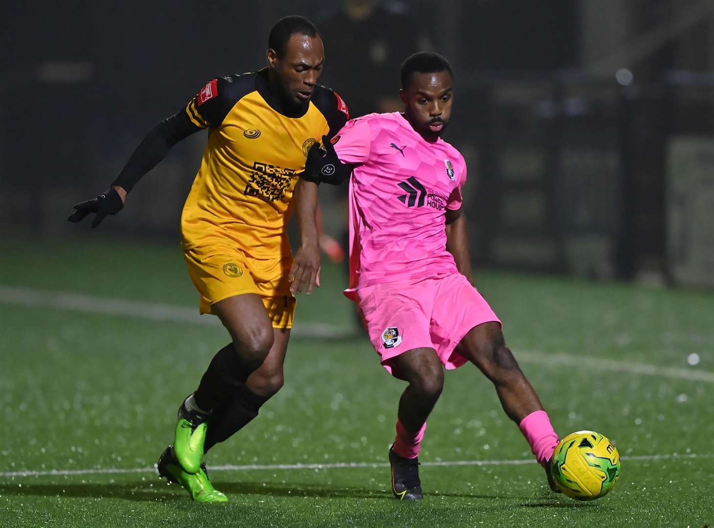 Dartford's Michael Kedman is closed down by Kyel Reid of Cray Wanderers during Saturday's FA Trophy tie. Picture: Keith Gillard (53808741)