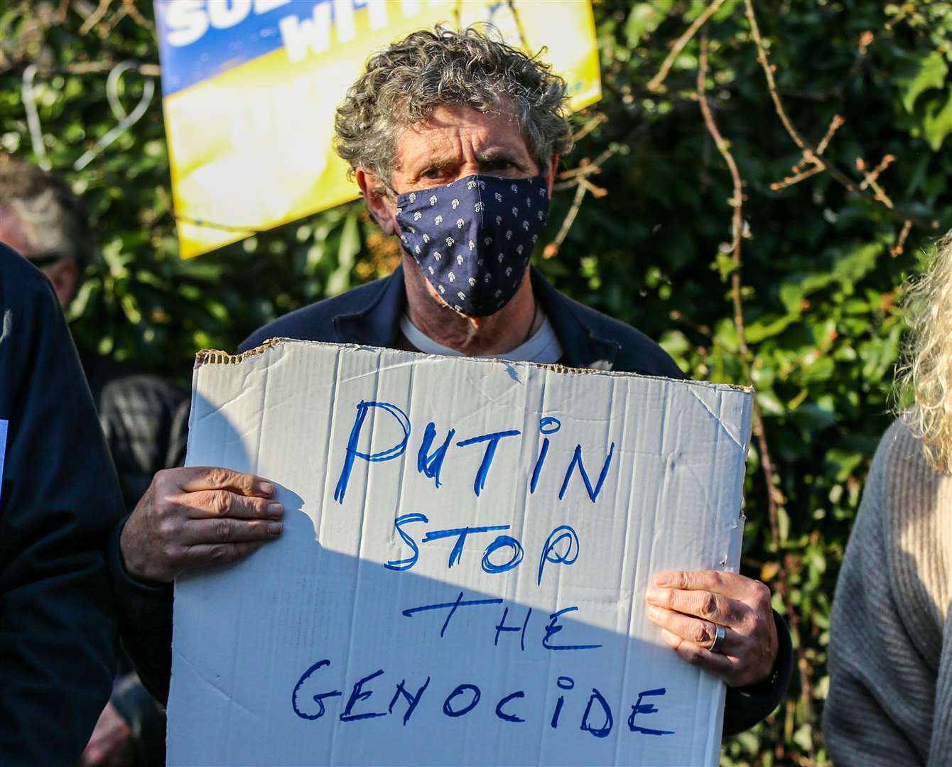 Charlie Bird joins a demonstration against Vladimir Putin’s invasion of Ukraine outside the Russian embassy in south Dublin (Damien Storan/PA)