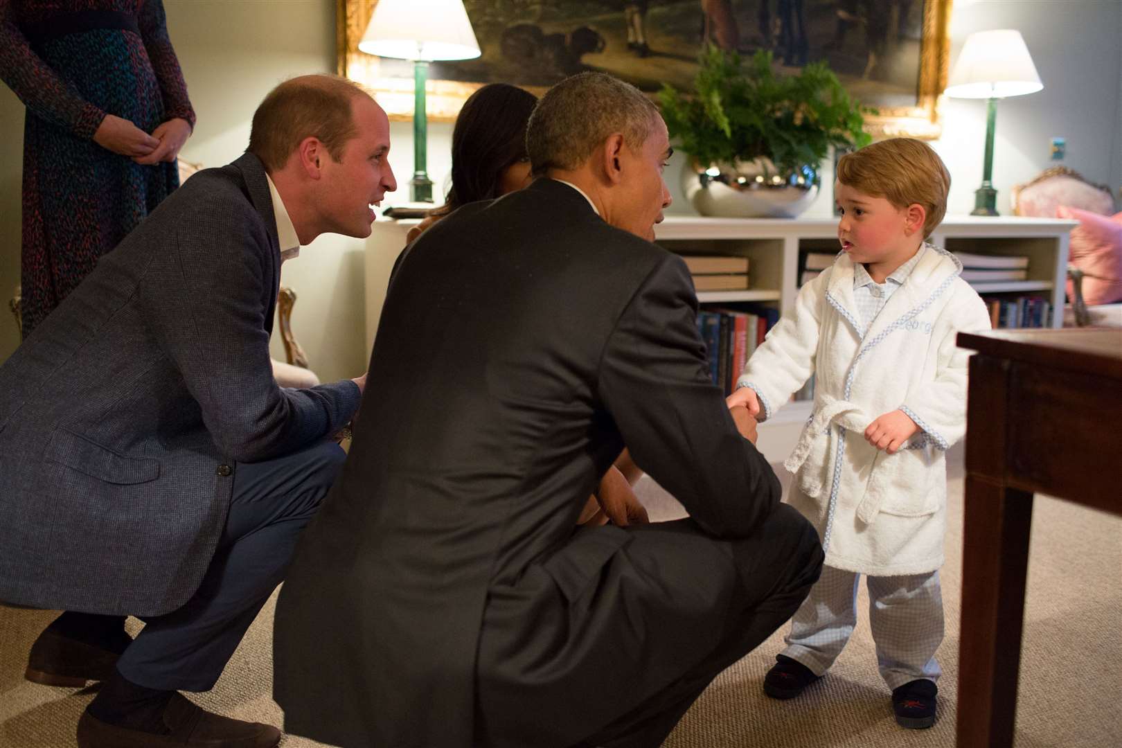 Pyjamas were the dress code when George met US President Barack Obama during his visit to the UK in 2016 (Kensington Palace/Pete Souza/PA)