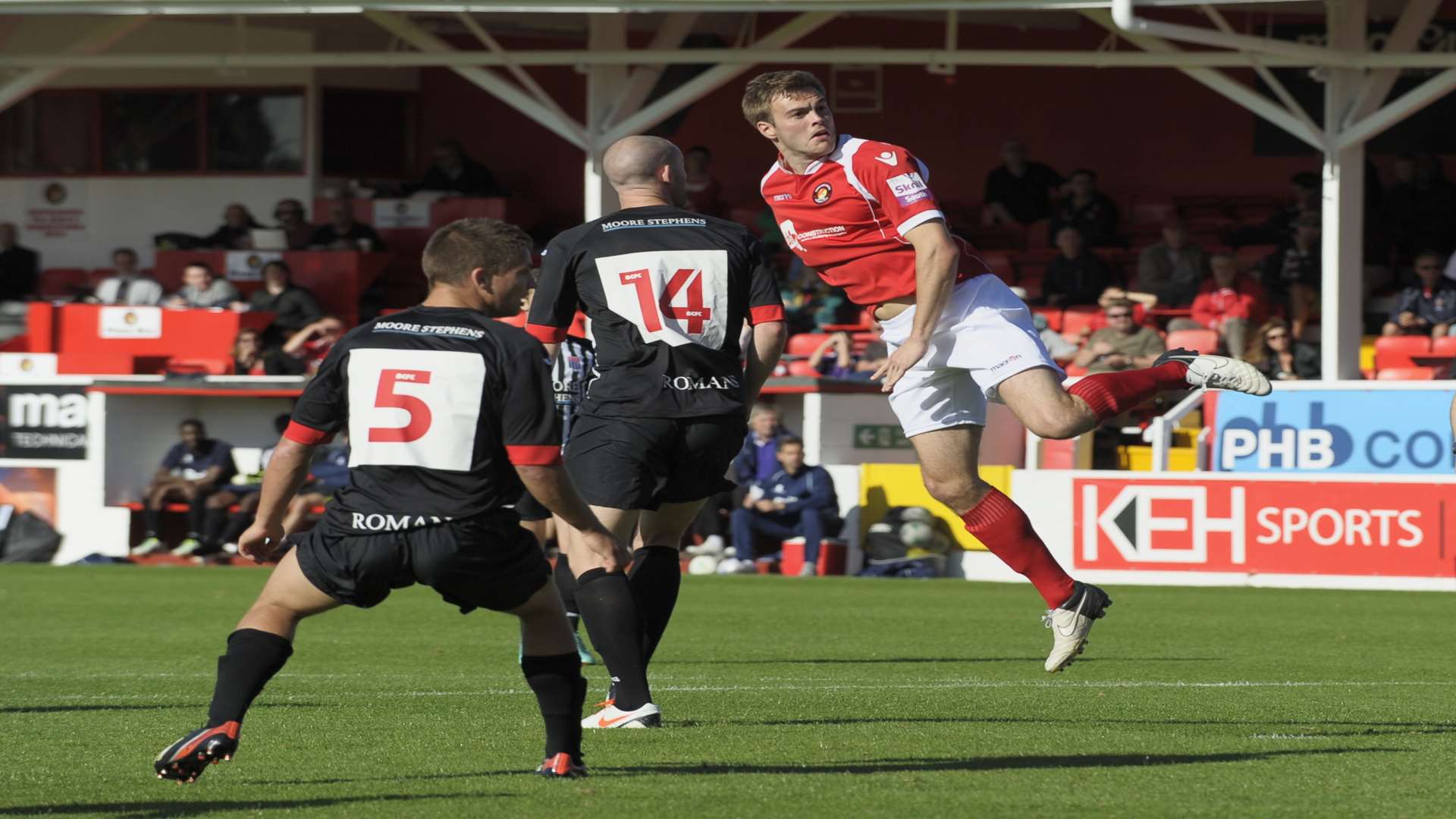 Shane Huke gets up for a header against Bath City Picture: Andy Payton