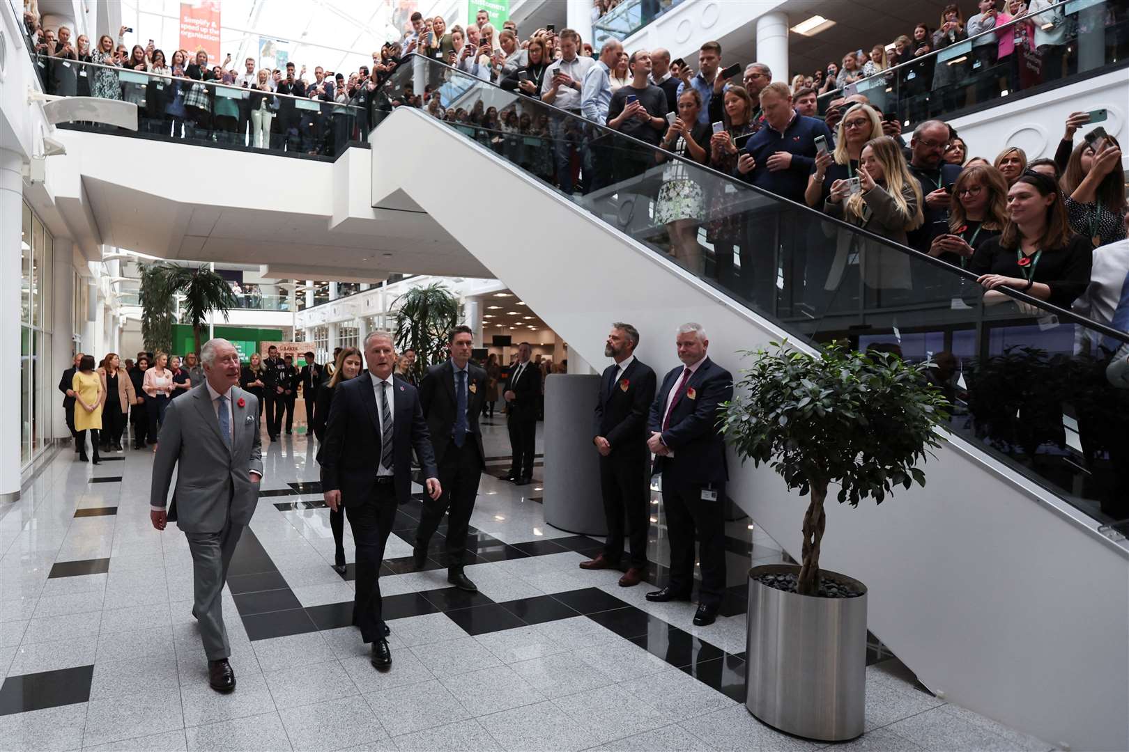 Hundreds of Morrisons staff gathered to welcome the King to the HQ (Russell Cheyne/PA)