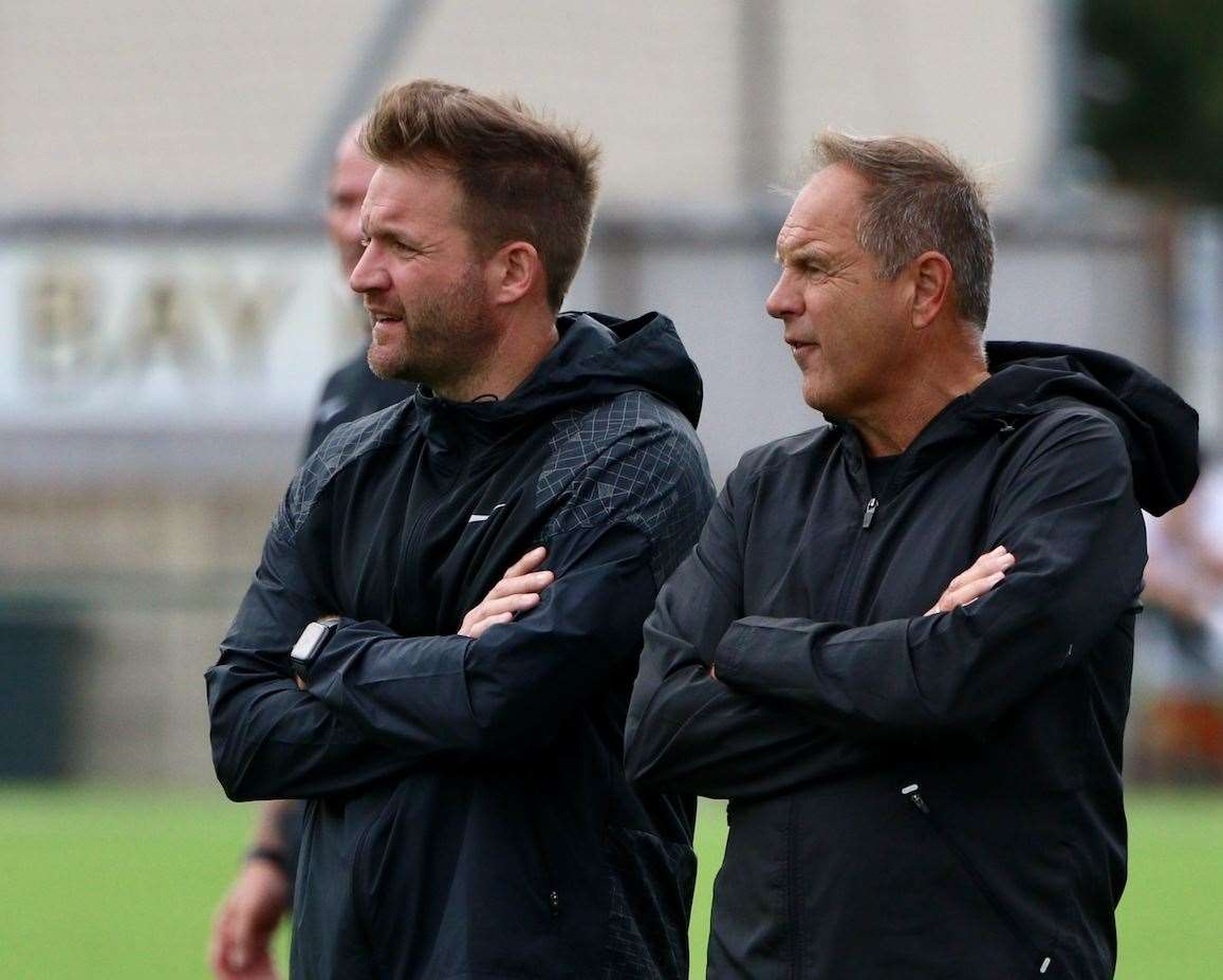 Herne Bay boss Steve Lovell and his assistant, and son, Mark Lovell watch on from the sidelines at Winch’s Field. Picture: James Aylward