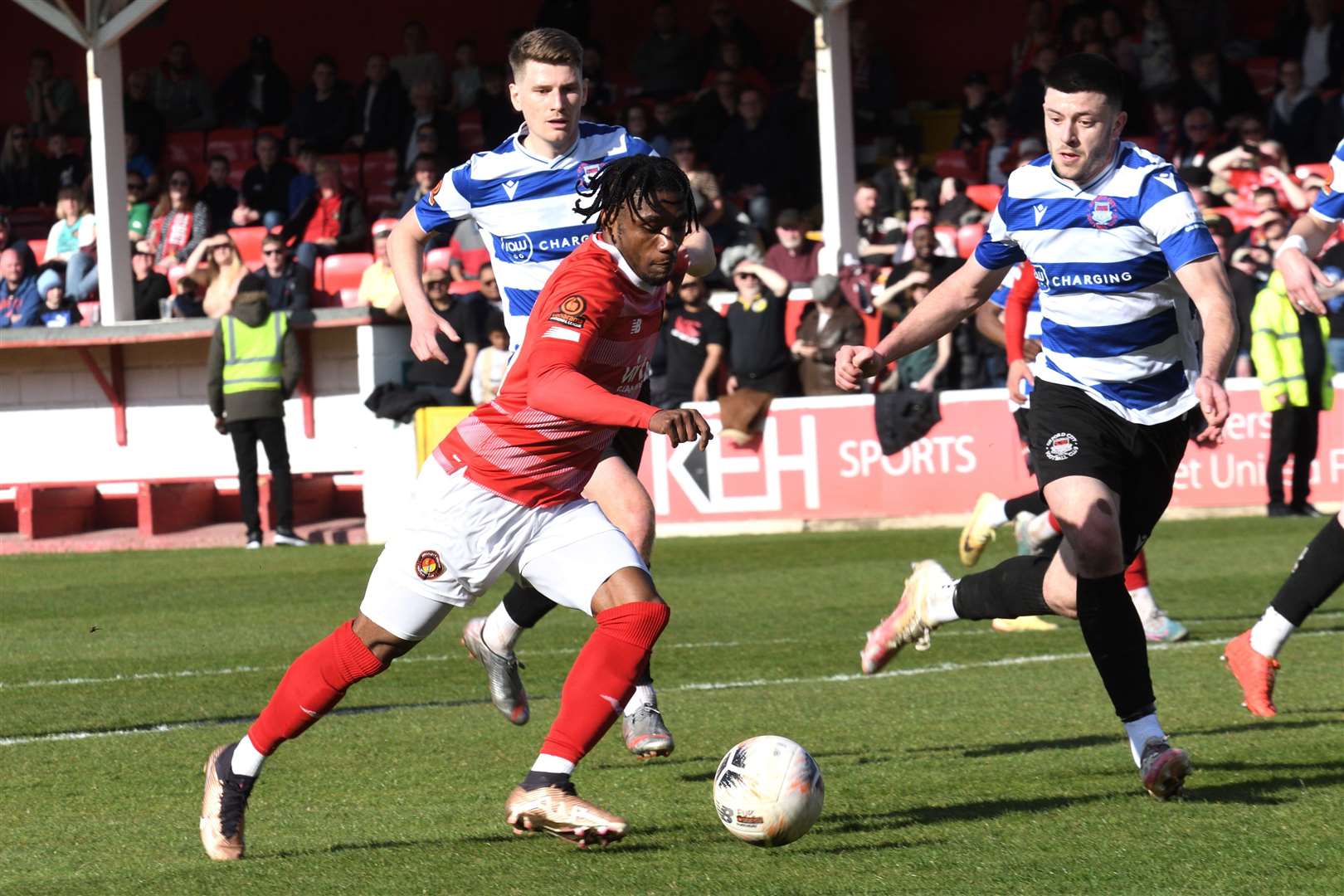 Ebbsfleet substitute Darren McQueen runs at the visiting defence. Picture: Simon Hildrew