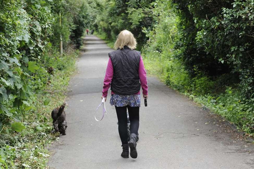 A walker along the Crab and Winkle Way in Whitstable