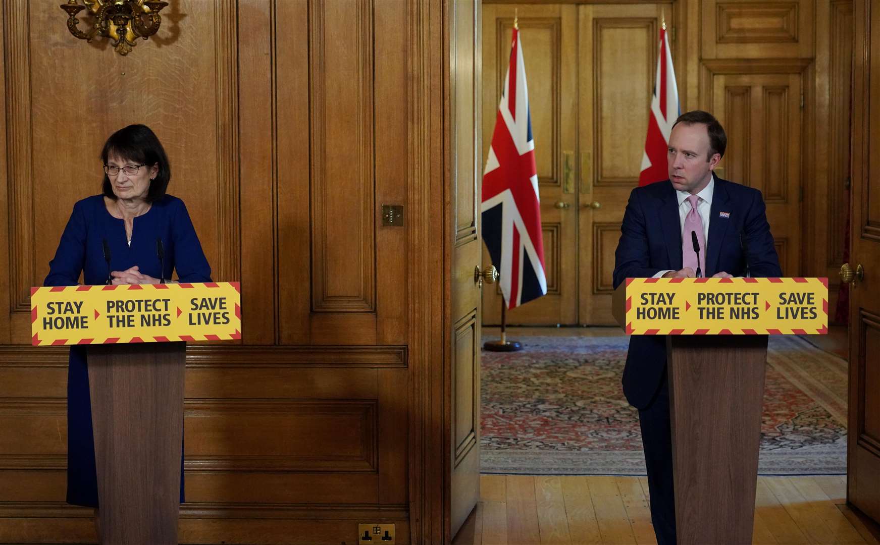 Health Secretary Matt Hancock and deputy chief medical officer Dr Jenny Harries during a media briefing in Downing Street (Downing Street/PA)